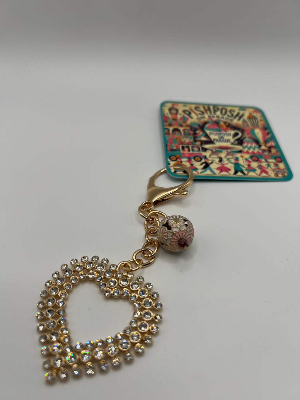 Clear Rhinestone Heart with Pink Floral Bead - Zipper Pull/Scissor Charm