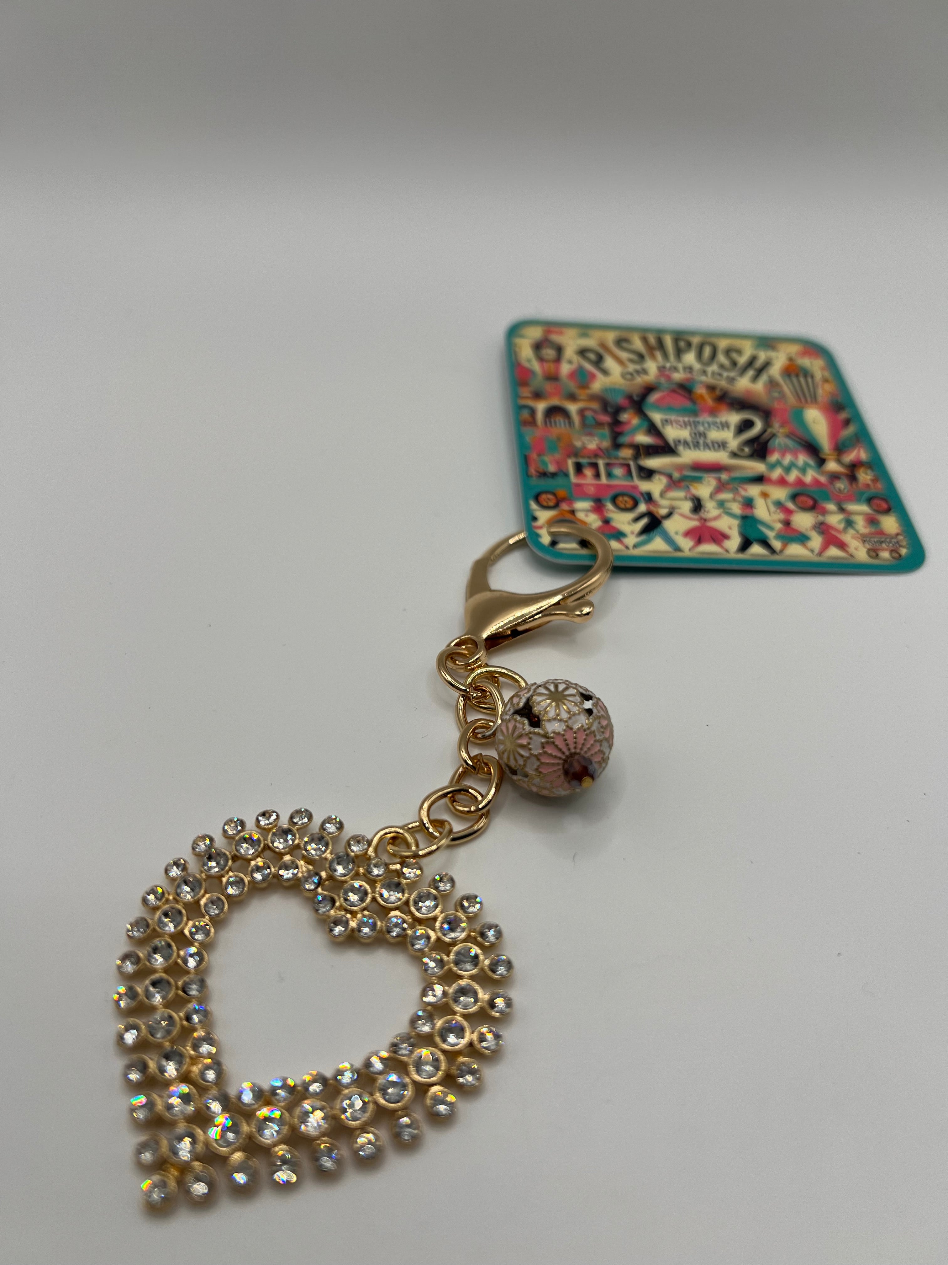 Clear Rhinestone Heart with Pink Floral Bead - Zipper Pull/Scissor Charm