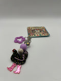 Black Chicken with pink boots and lavender star charm - Zipper Bag Charm