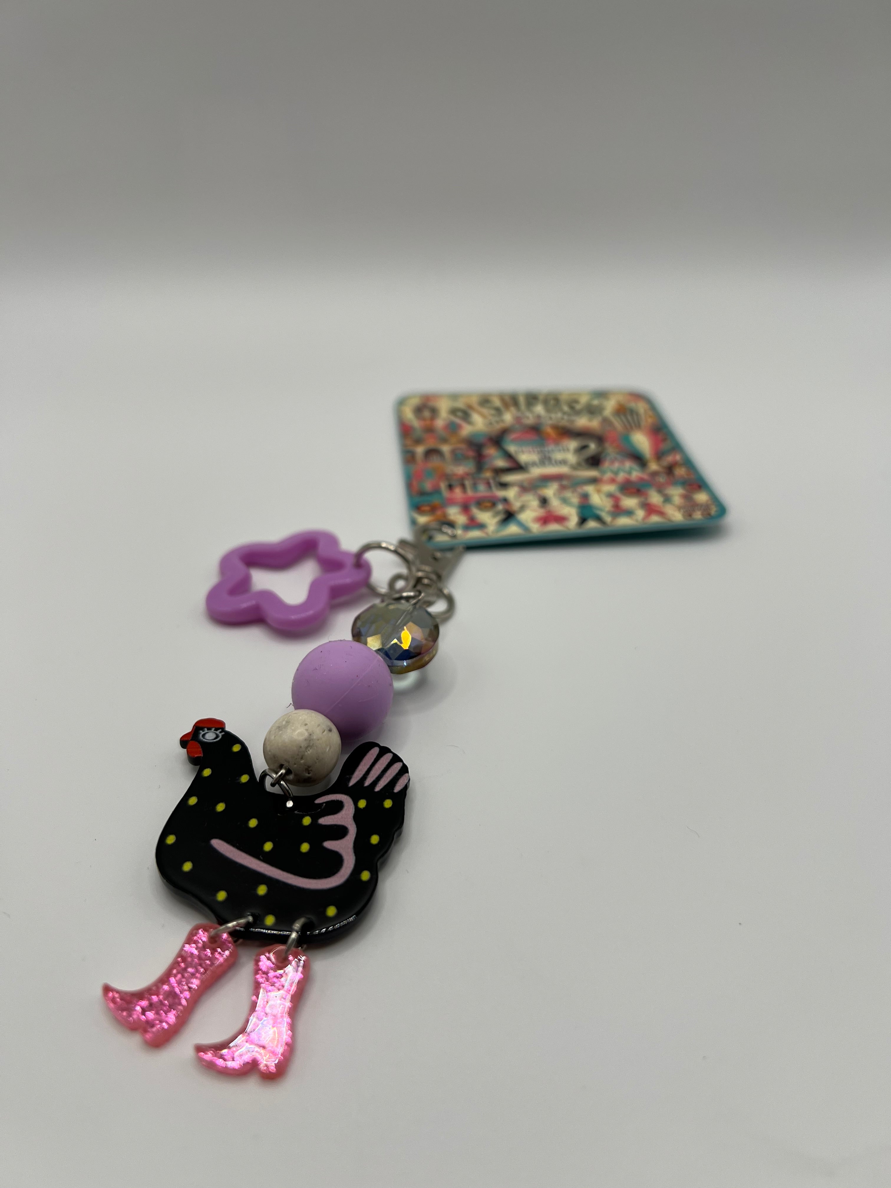 Black Chicken with pink boots and lavender star charm - Zipper Bag Charm