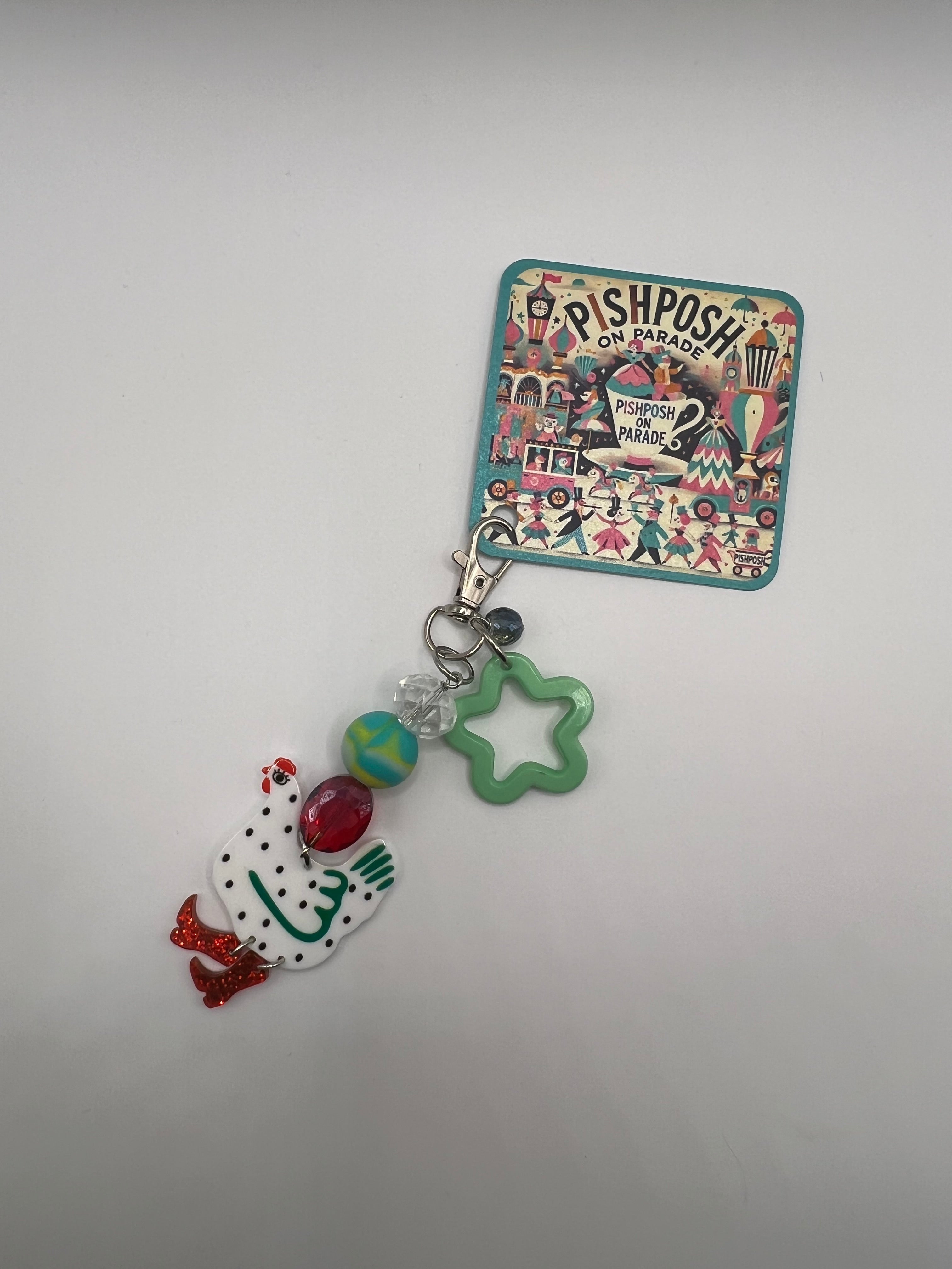 White and Green Chicken with Green Star - Zipper Pull/Bag Charm