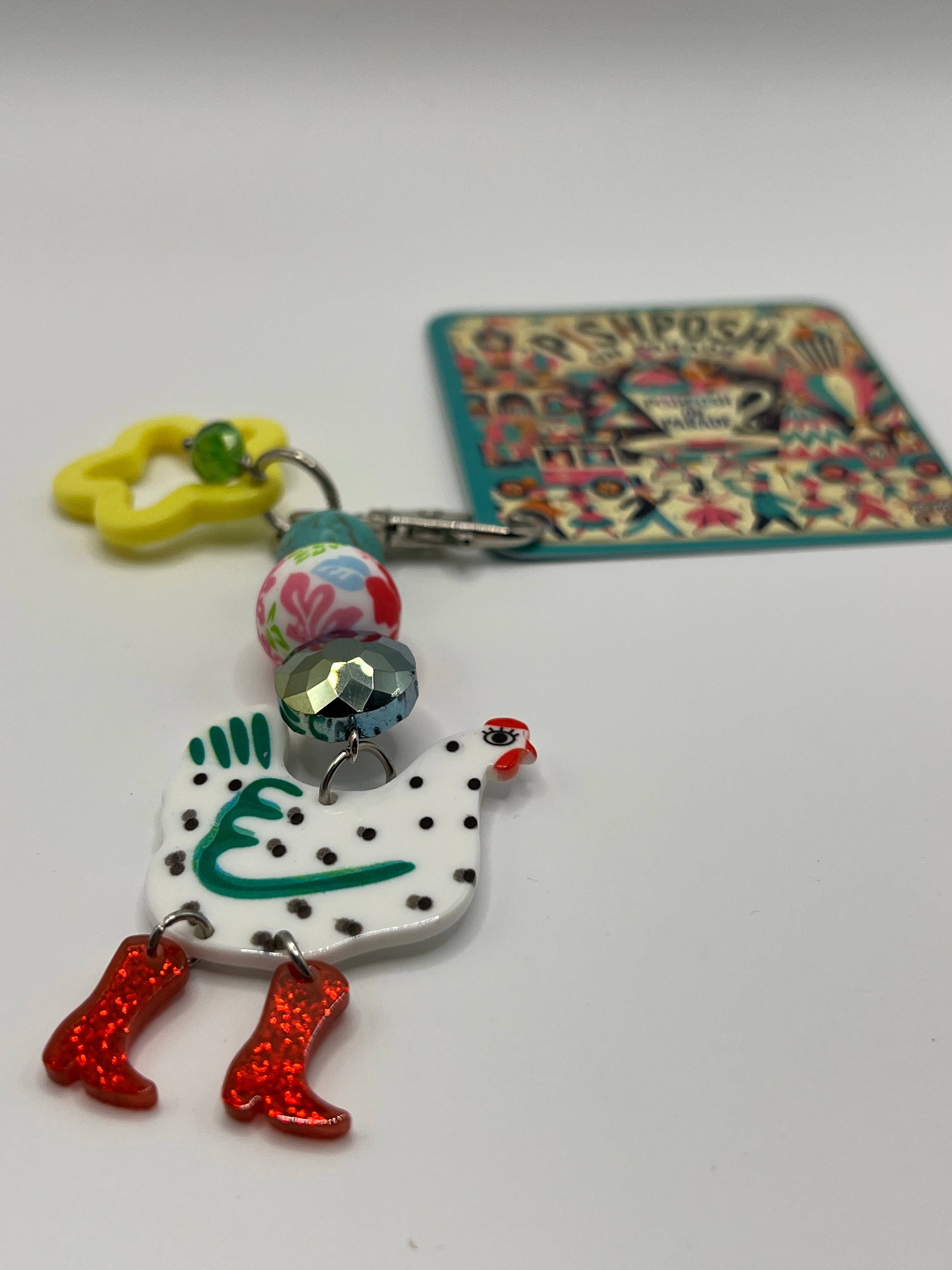 White/Green Chicken with Red Boots and Yellow Star - Zipper Pull/Scissor Charm