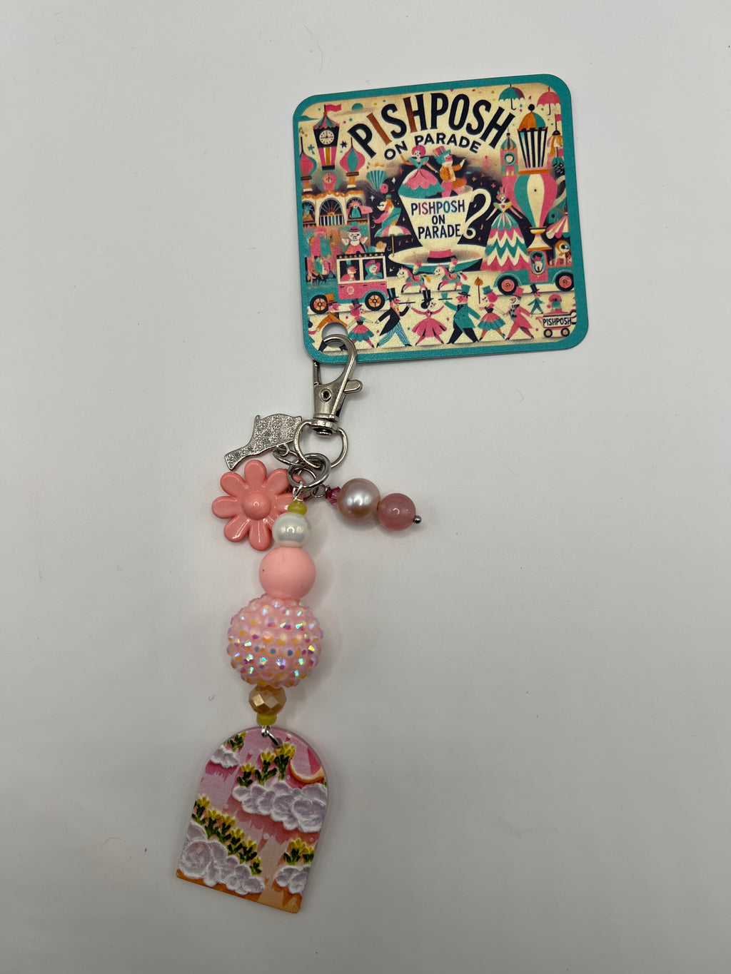 Clouds with Yellow Flowers and Bird/Pink Flower - Zipper Pull/Bag Charm