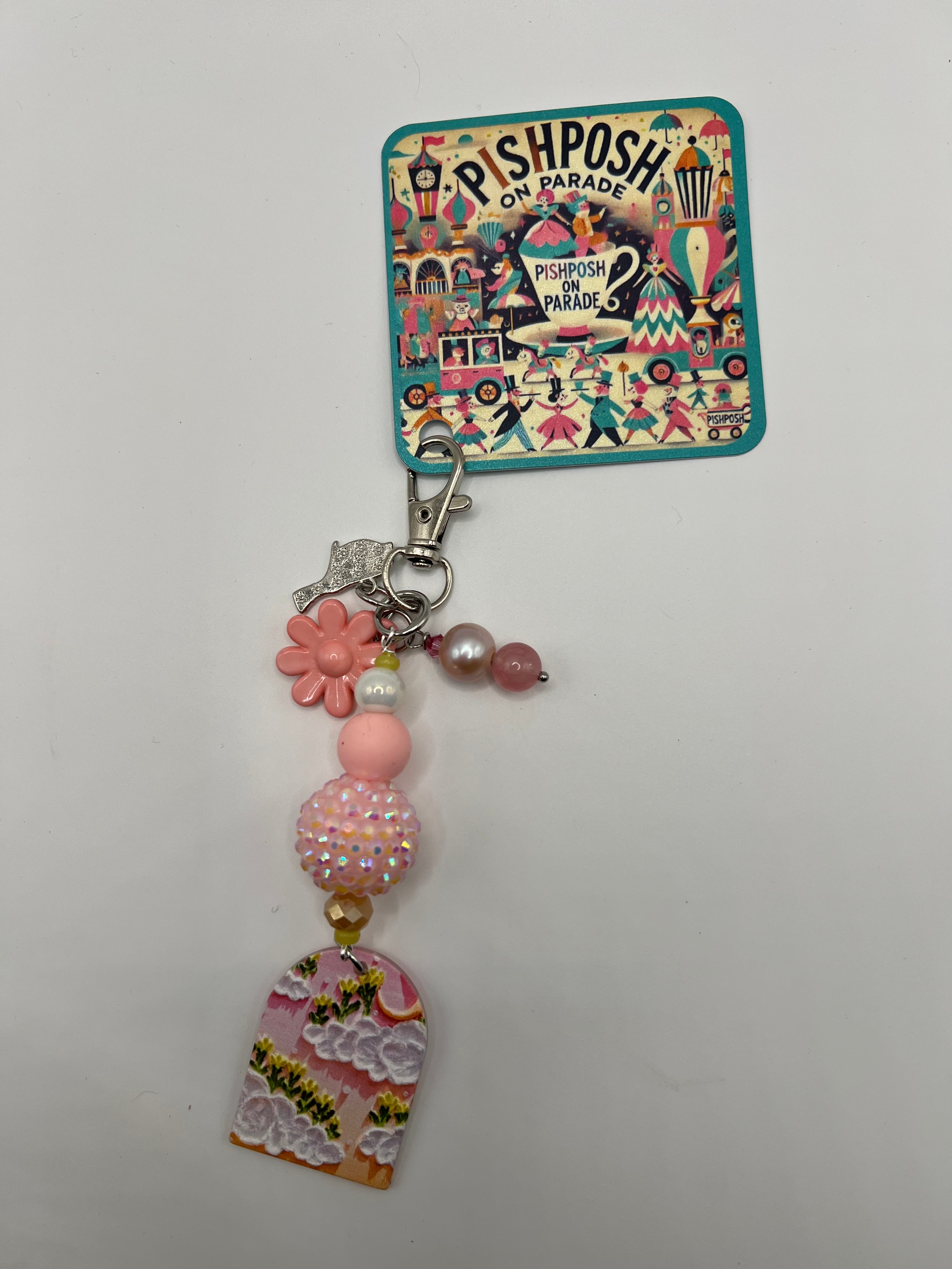 Clouds with Yellow Flowers and Bird/Pink Flower - Zipper Pull/Bag Charm