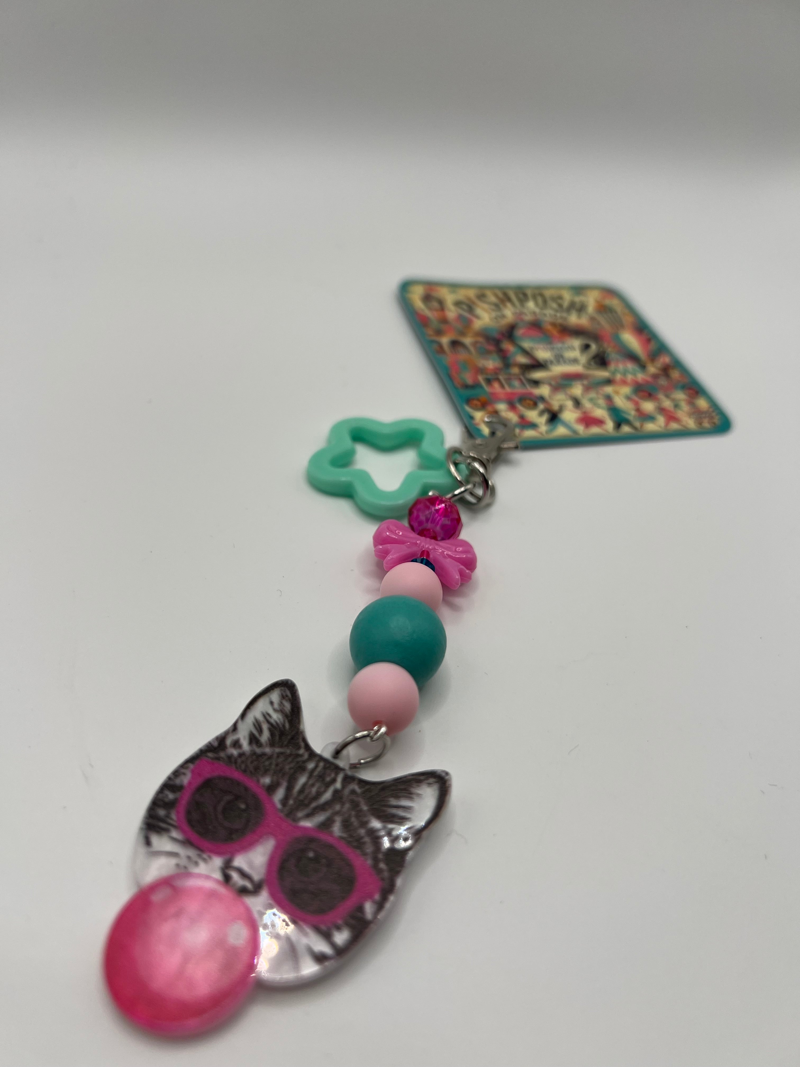 Cat in Glasses Blowing Bubble with Star Charm - Zipper Pull/Scissor Charm