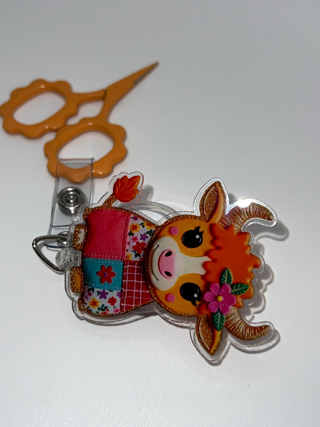 Quilted Cow Sitting - Badge / Scissor Reel - scissors not included