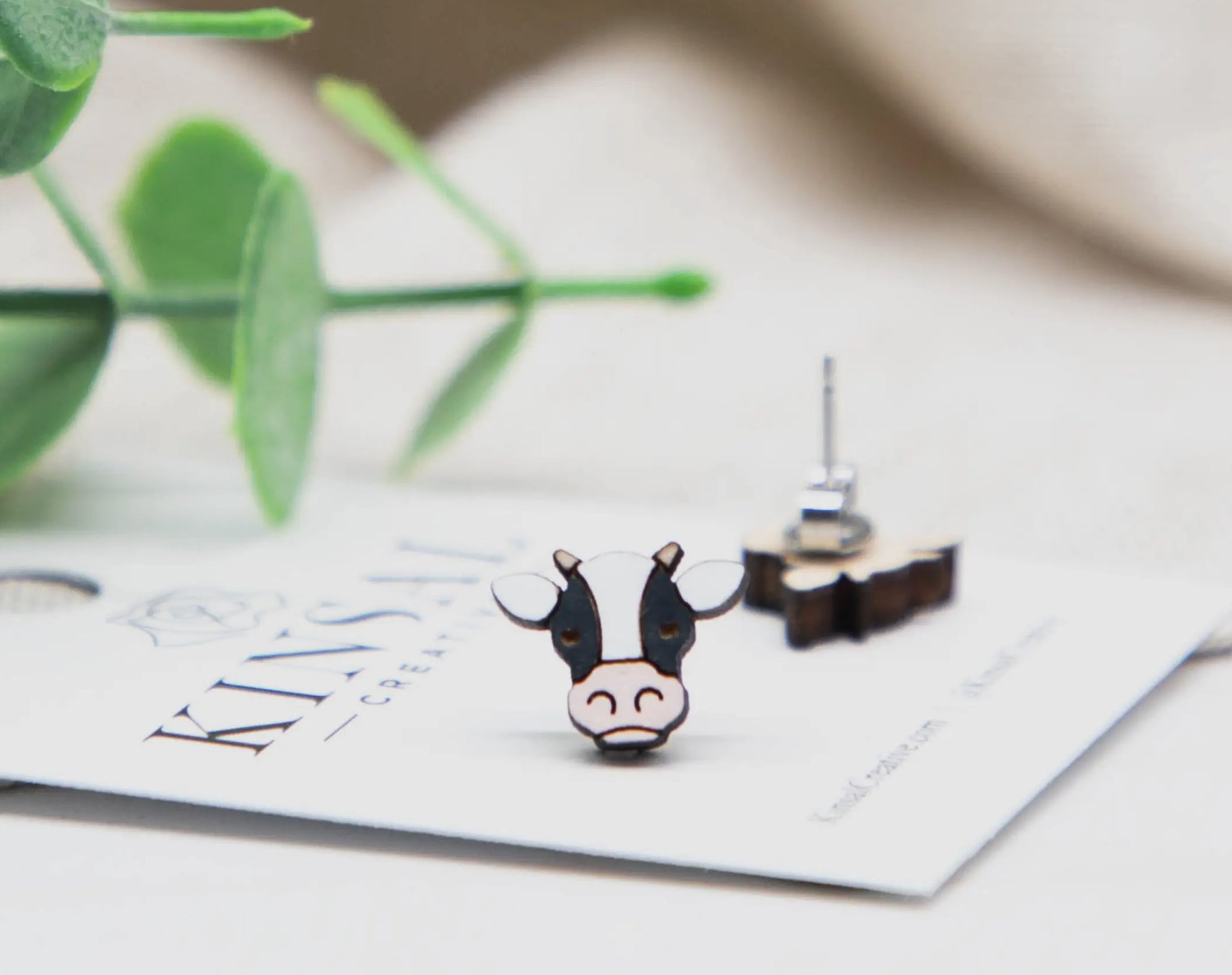 Cow Face Wood Stud Earrings