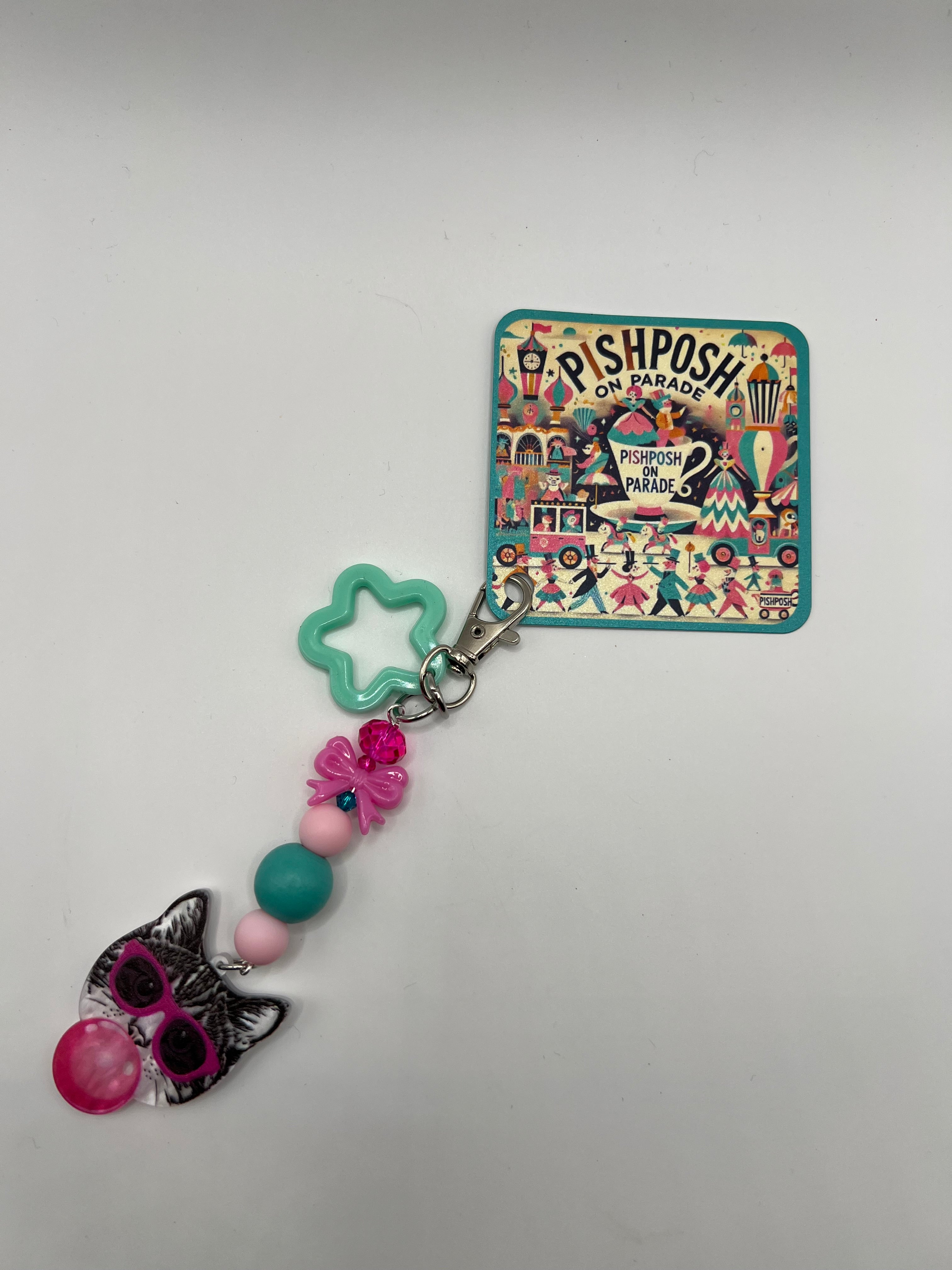 Cat in Glasses Blowing Bubble with Star Charm - Zipper Pull/Scissor Charm