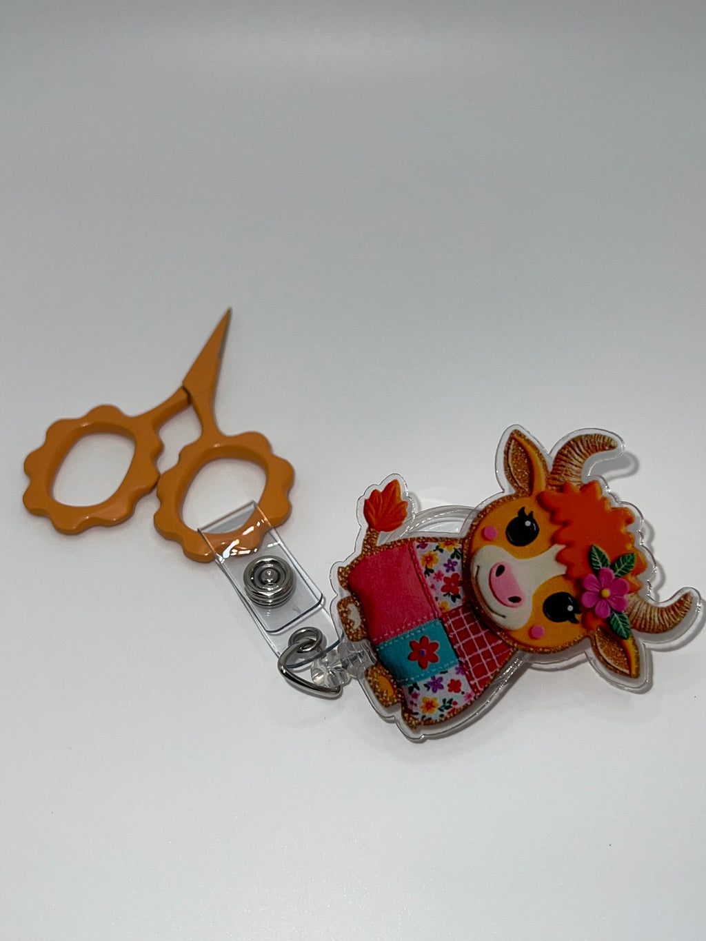 Quilted Cow Sitting - Badge / Scissor Reel - scissors not included