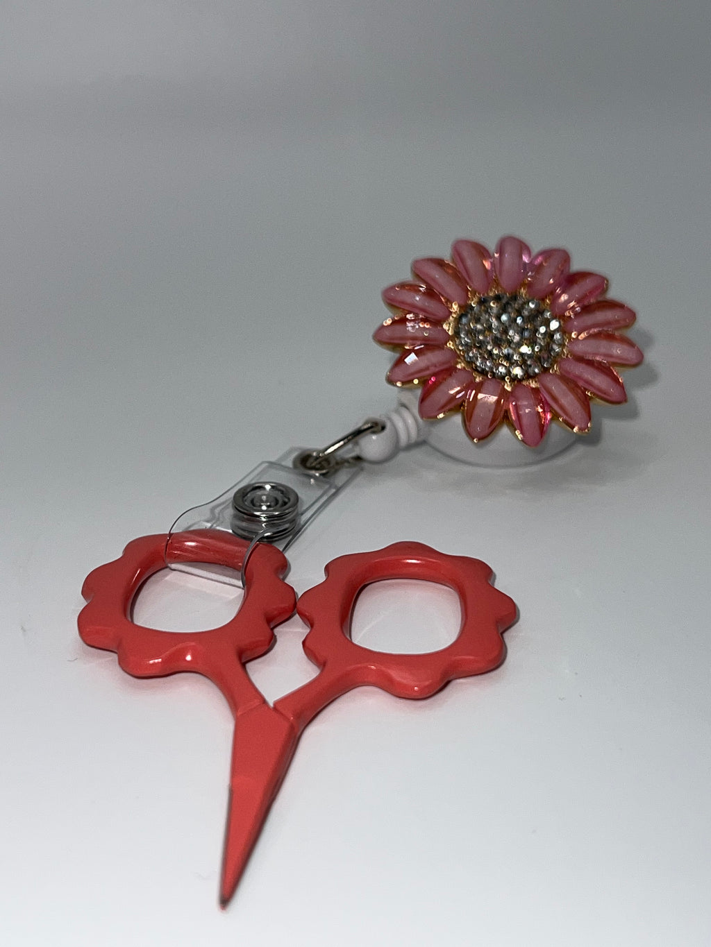 Pink rhinestone sunflower Badge / Scissor reel - scissors excluded
