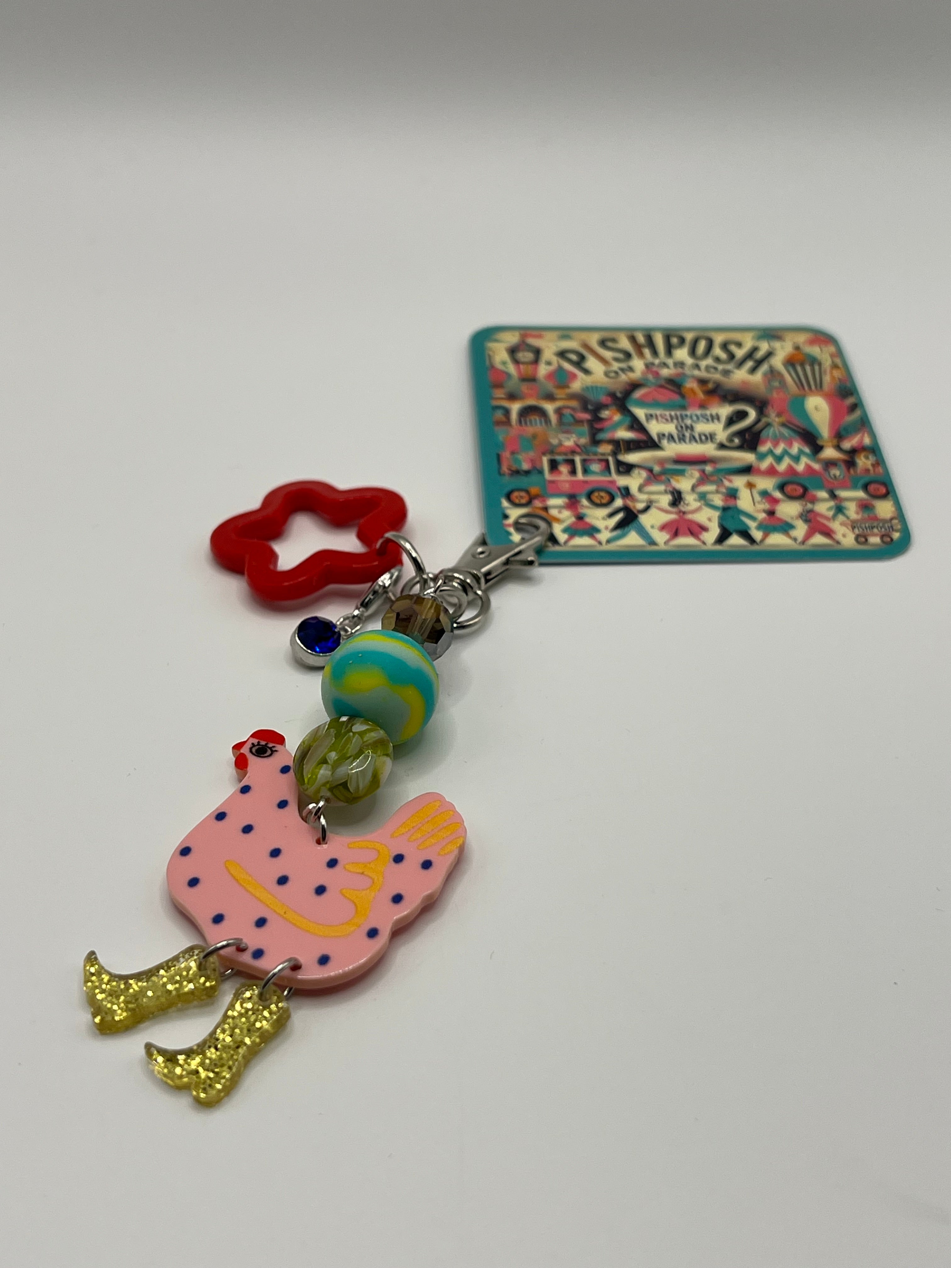 Pink Chicken with Red Star - Zipper Pull/Bag Charm