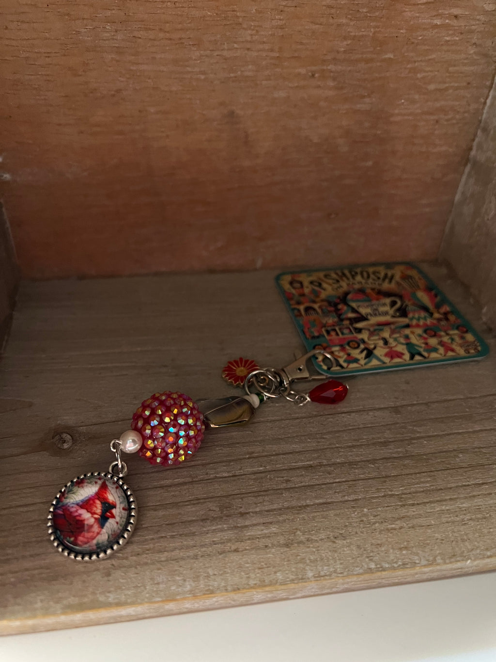 Cardinal with Red Bead and Flower - Zipper Pull/Bag Charm