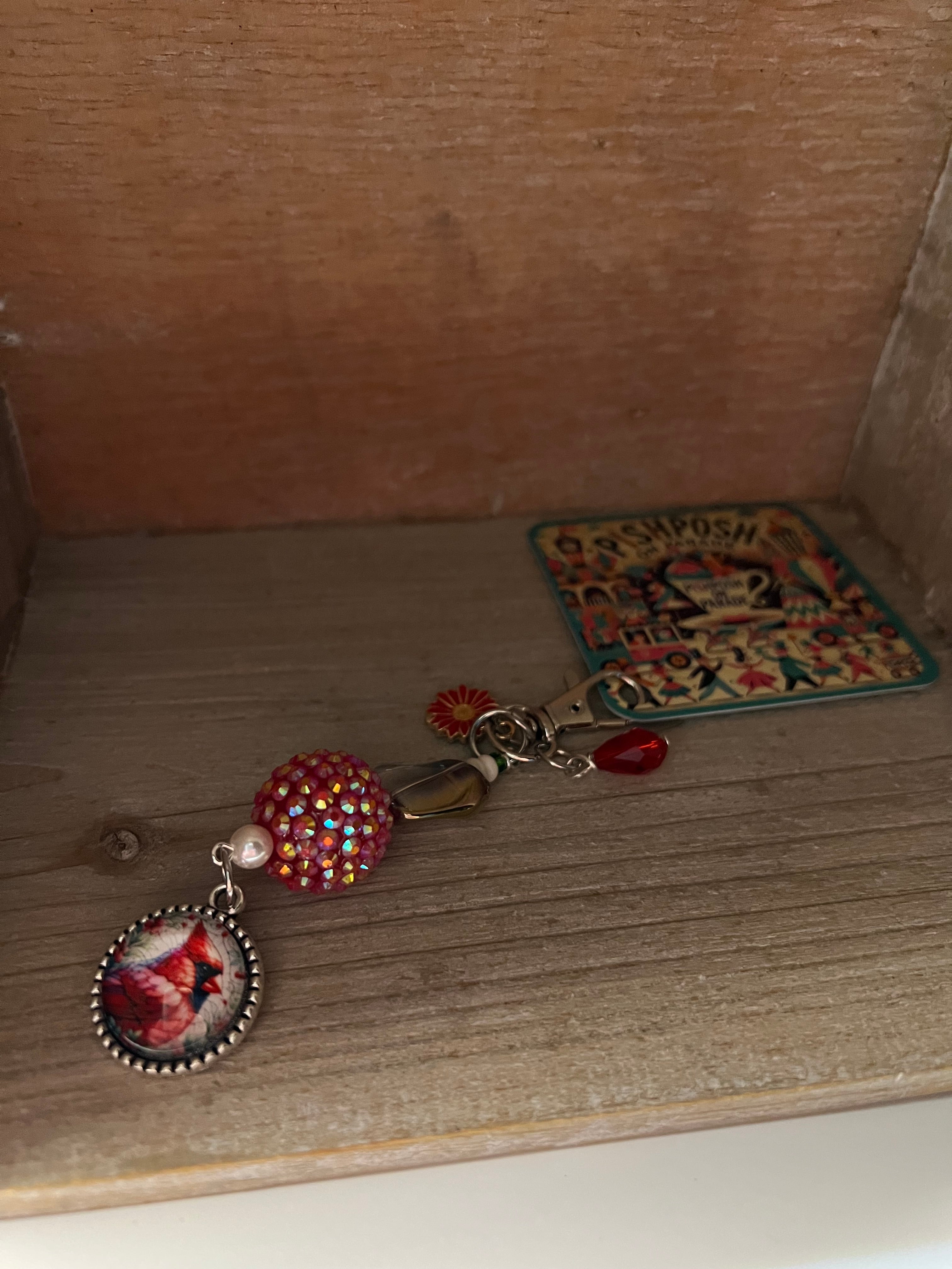 Cardinal with Red Bead and Flower - Zipper Pull/Bag Charm