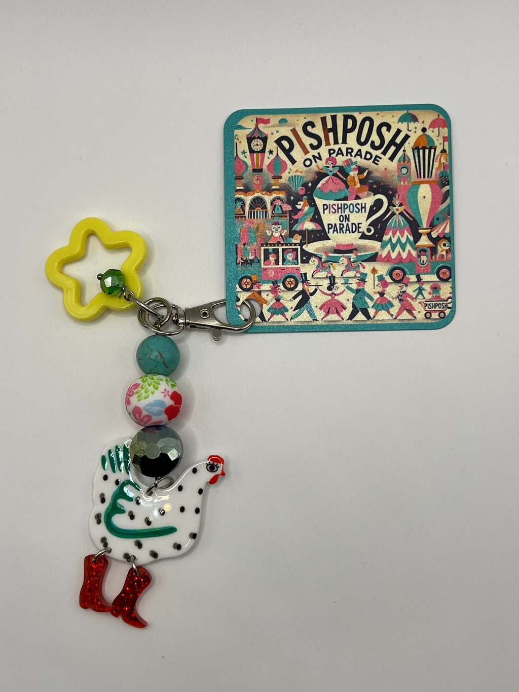 White/Green Chicken with Red Boots and Yellow Star - Zipper Pull/Scissor Charm