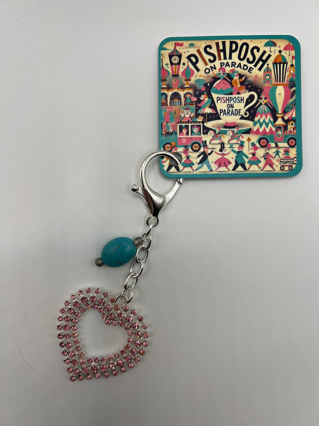 Pink Rhinestone Heart with Turquoise Bead - Zipper Pull/Scissor Charm