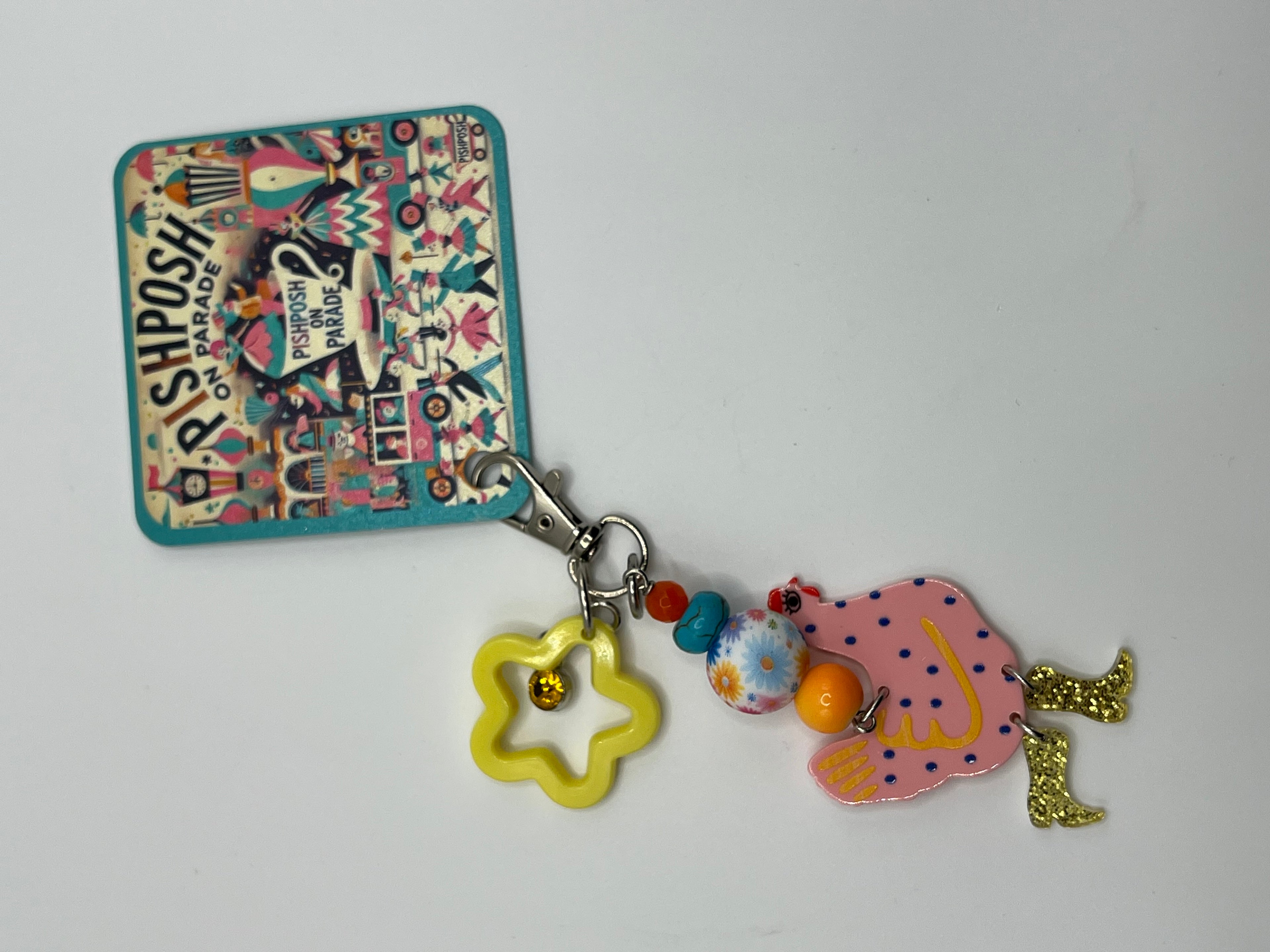Pink Chicken with Yellow Star - Zipper Pull/Bag Charm
