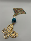 Clear Rhinestone Butterfly with Turquoise and Pearl Bead - Zipper Pull/Scissor Charm