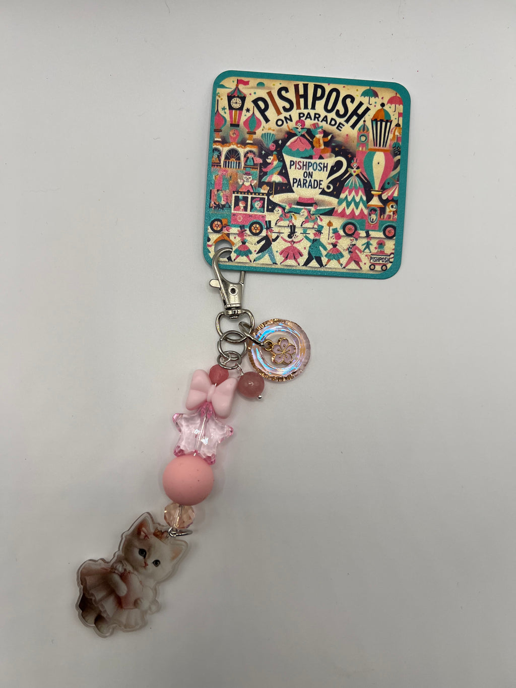 Kitten with pink bow and beads - Zipper Pull/Scissor Charm
