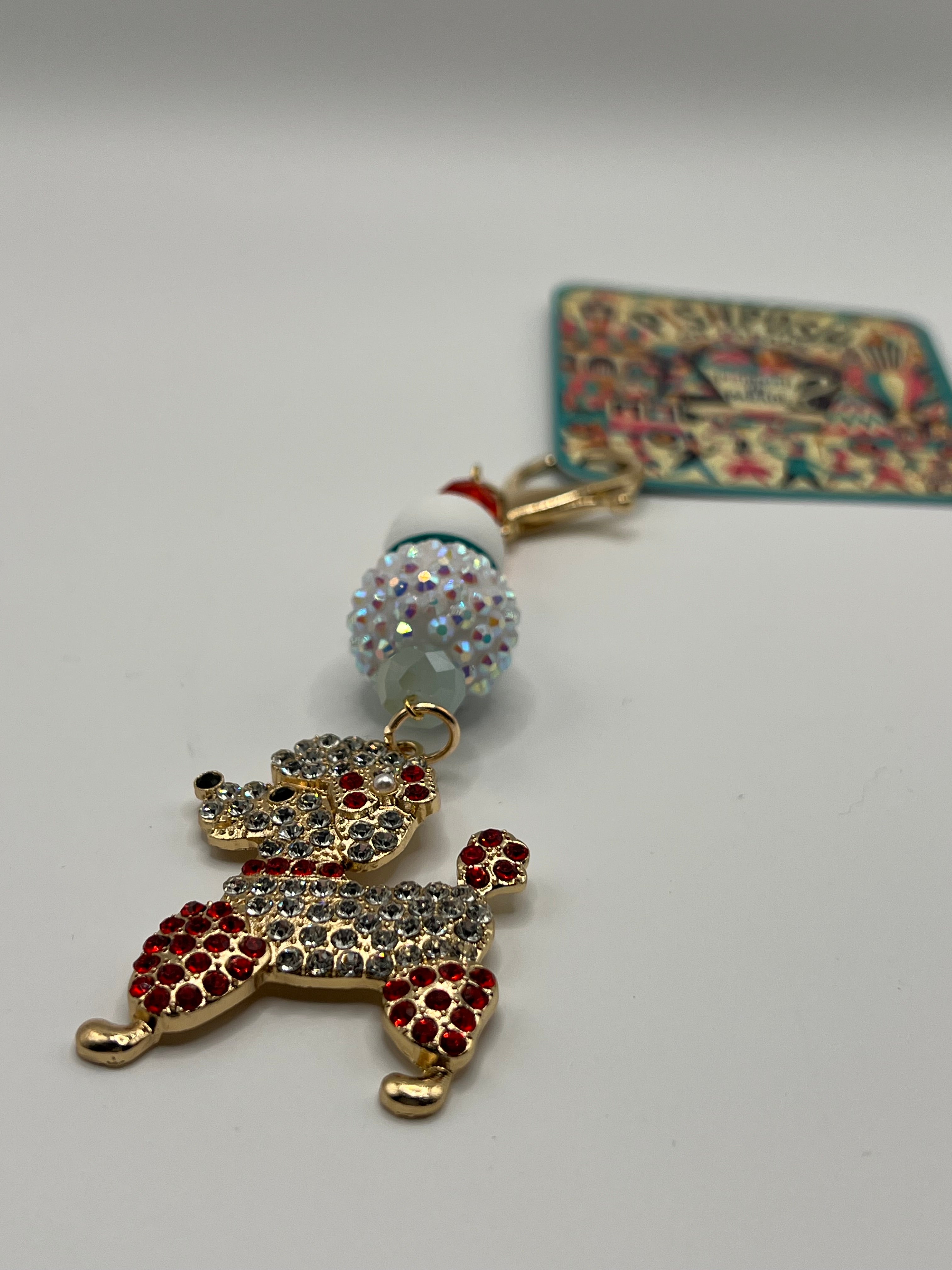 Red/White Rhinestone Party Poodle with Beads - Zipper Pull/Scissor Charms