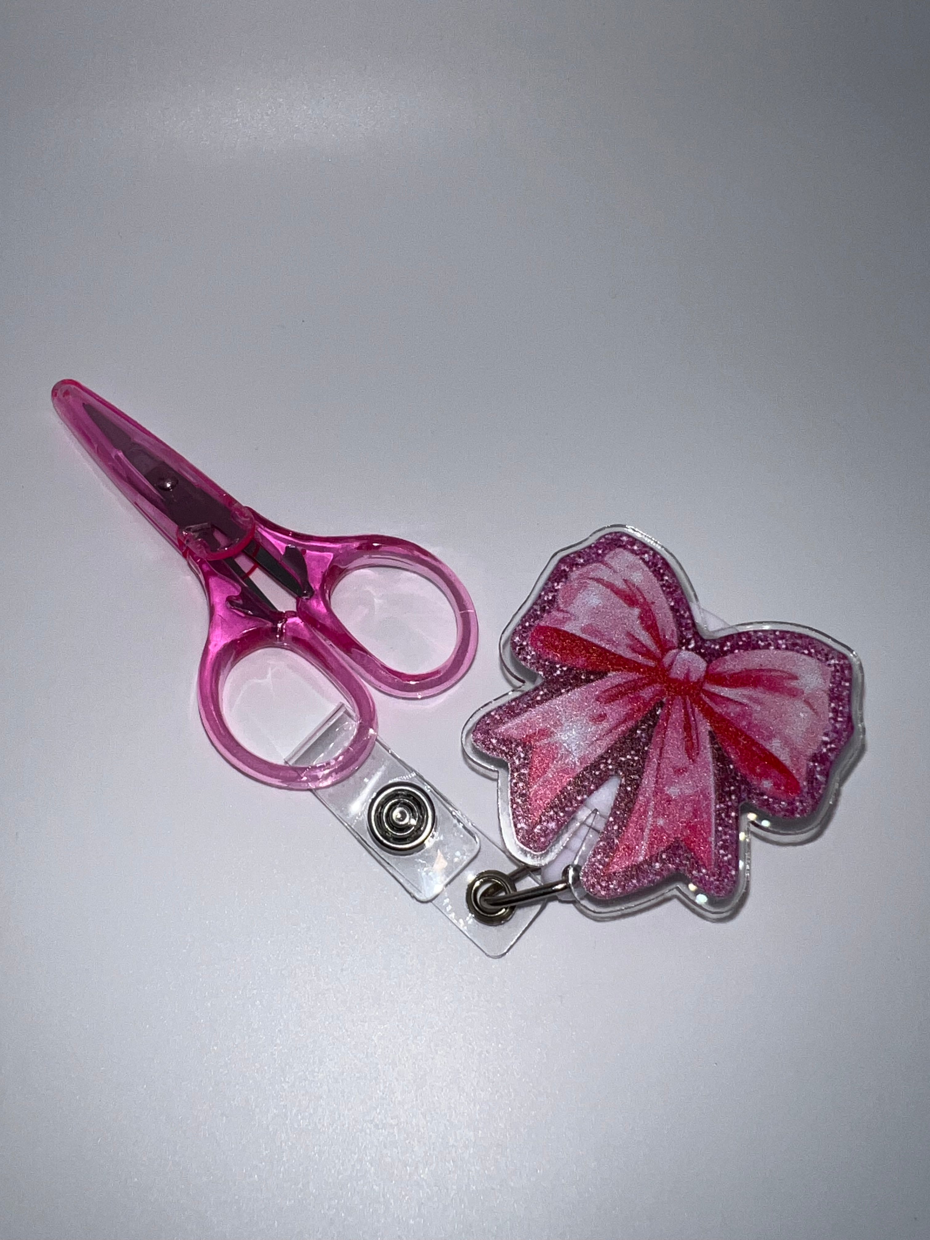 Pink Sparkly Bow - Badge / Scissor reel - scissor excluded