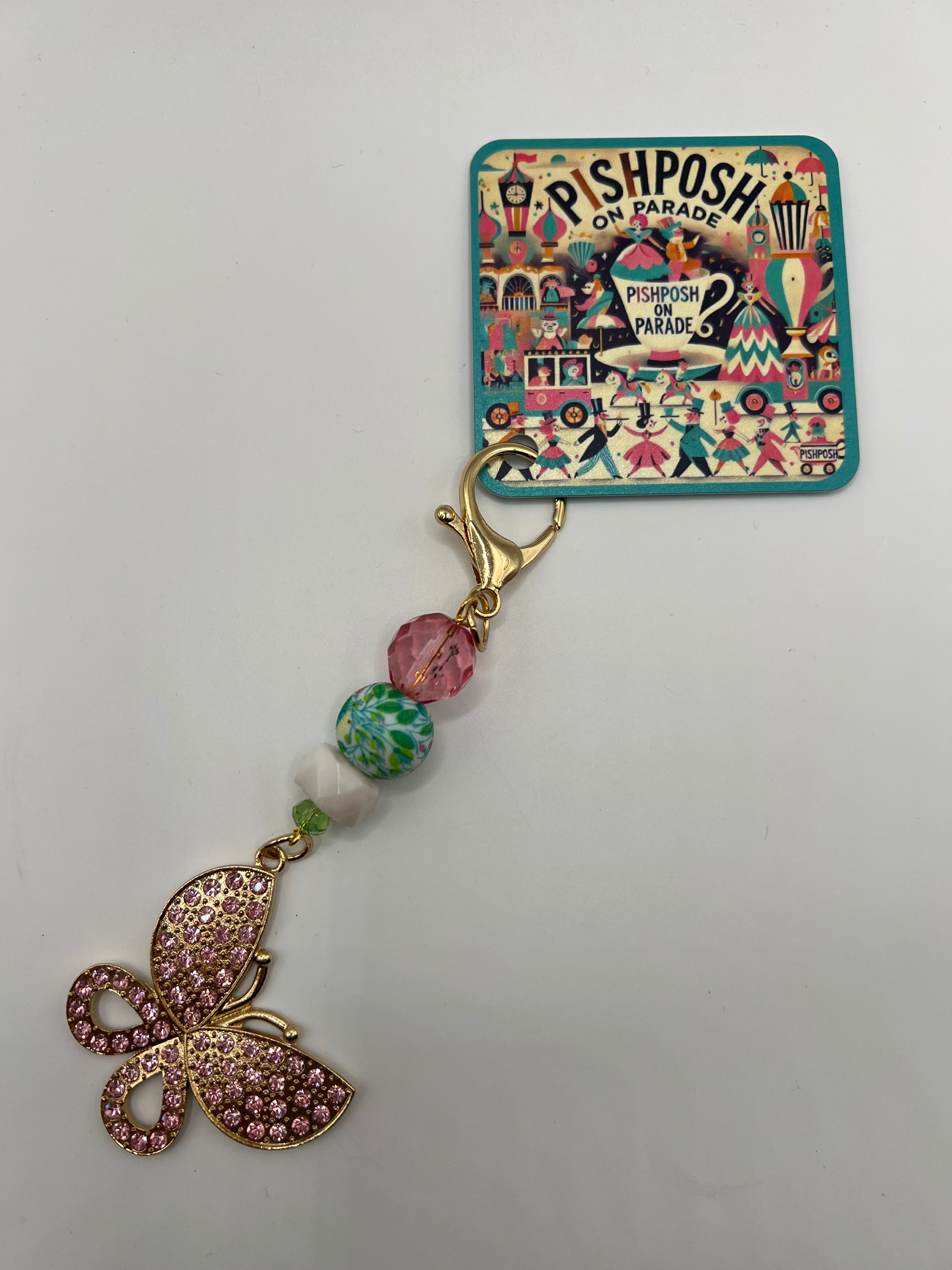 Pink Rhinestone Butterfly with Colorful Beads - Zipper Pull/Scissor Charms