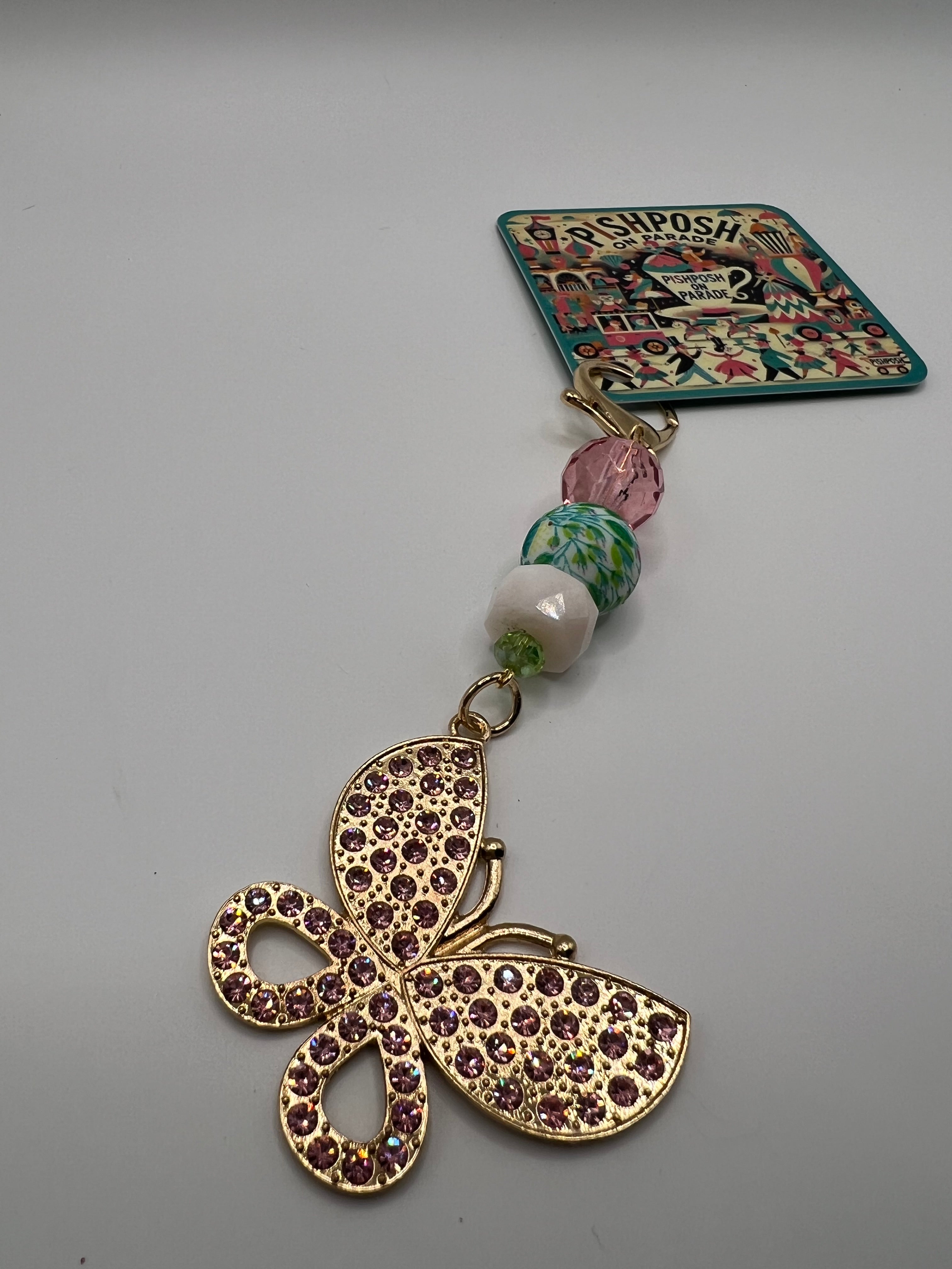 Pink Rhinestone Butterfly with Colorful Beads - Zipper Pull/Scissor Charms