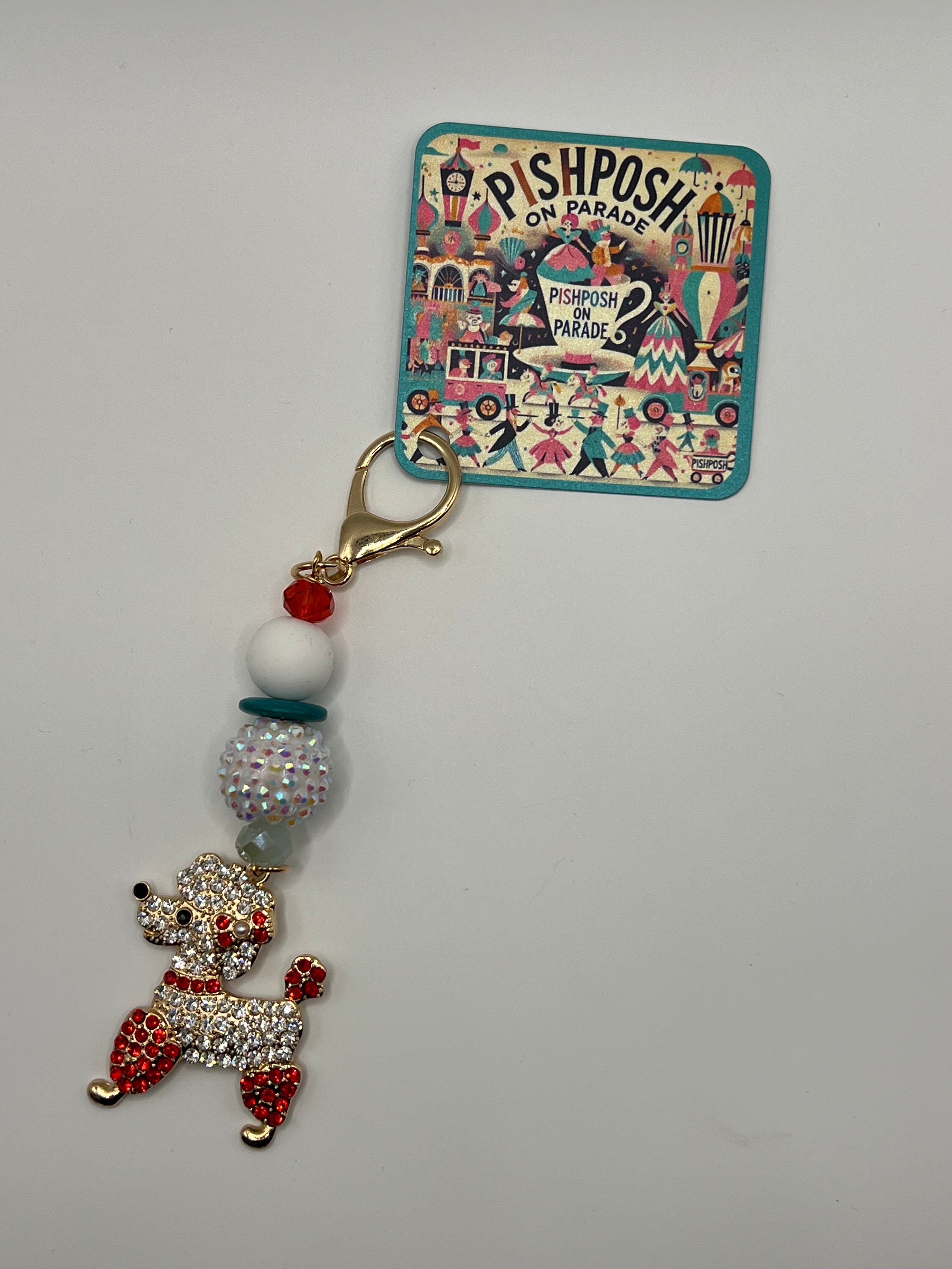Red/White Rhinestone Party Poodle with Beads - Zipper Pull/Scissor Charms