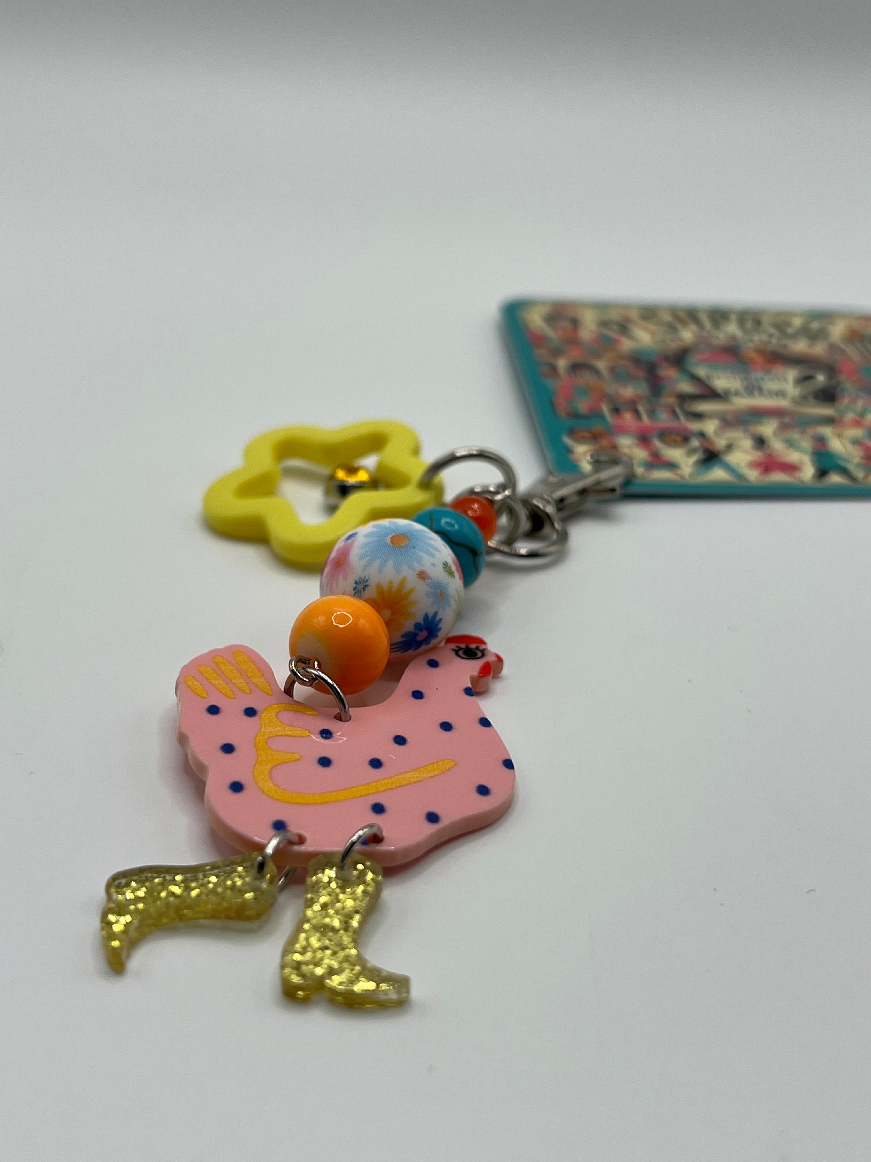 Pink Chicken with Yellow Star - Zipper Pull/Bag Charm