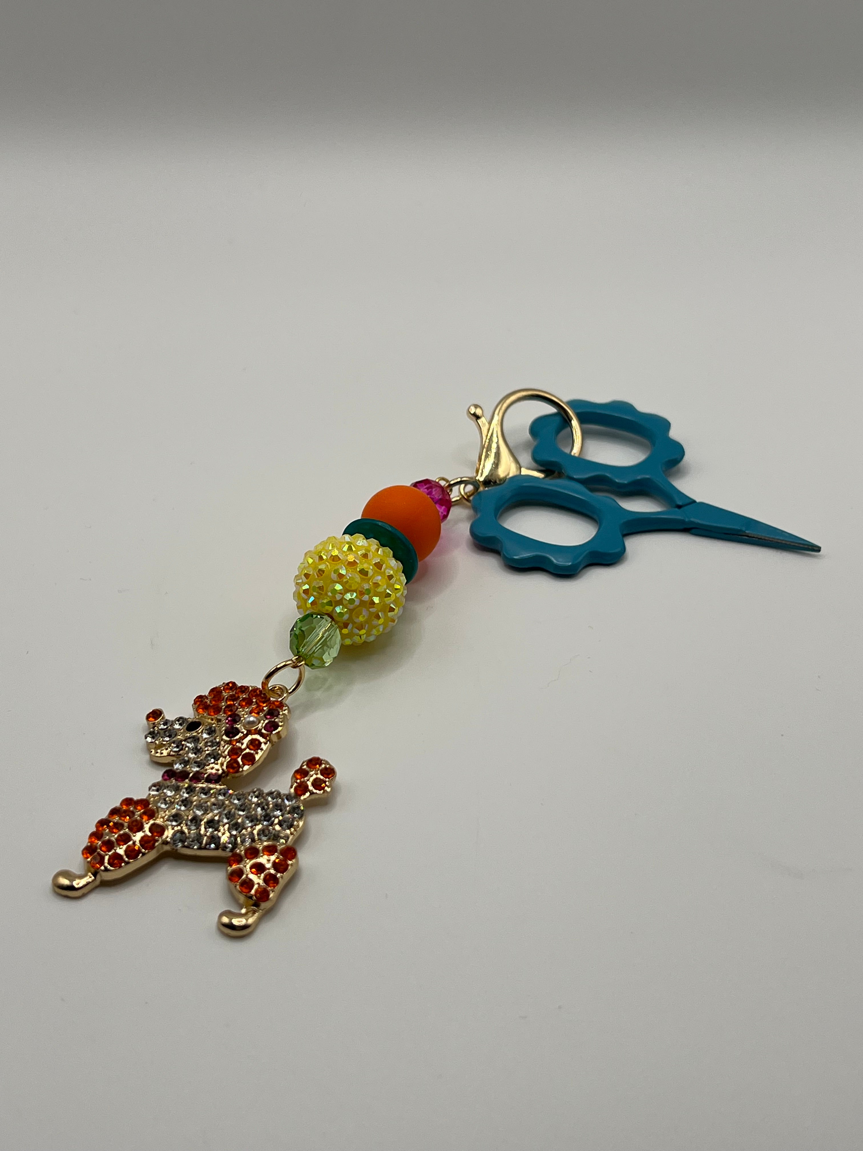 Orange/Clear Rhinestone Party Poodle with Colorful Beads - Zipper Pull/Scissor Charm