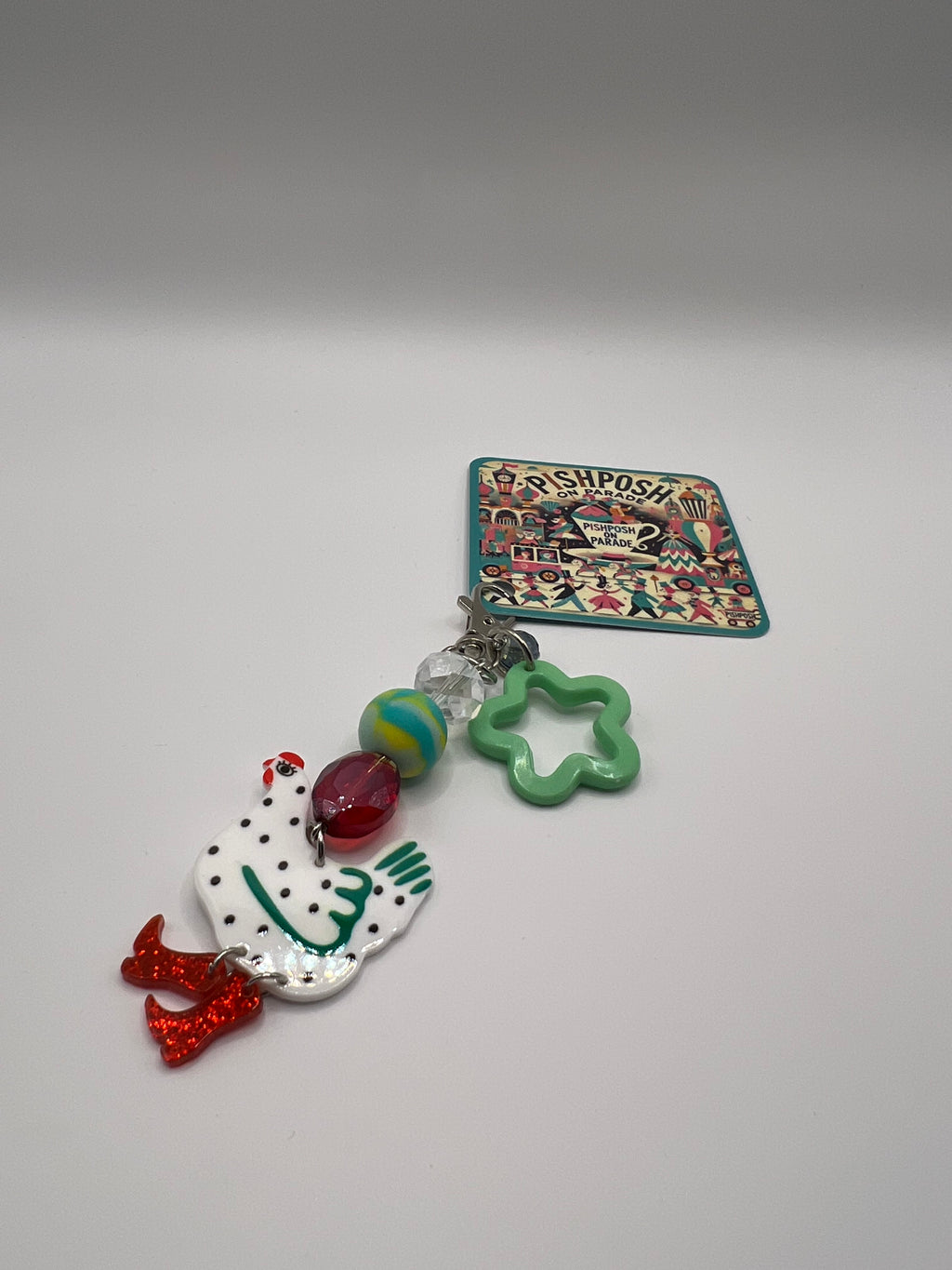 White and Green Chicken with Green Star - Zipper Pull/Bag Charm