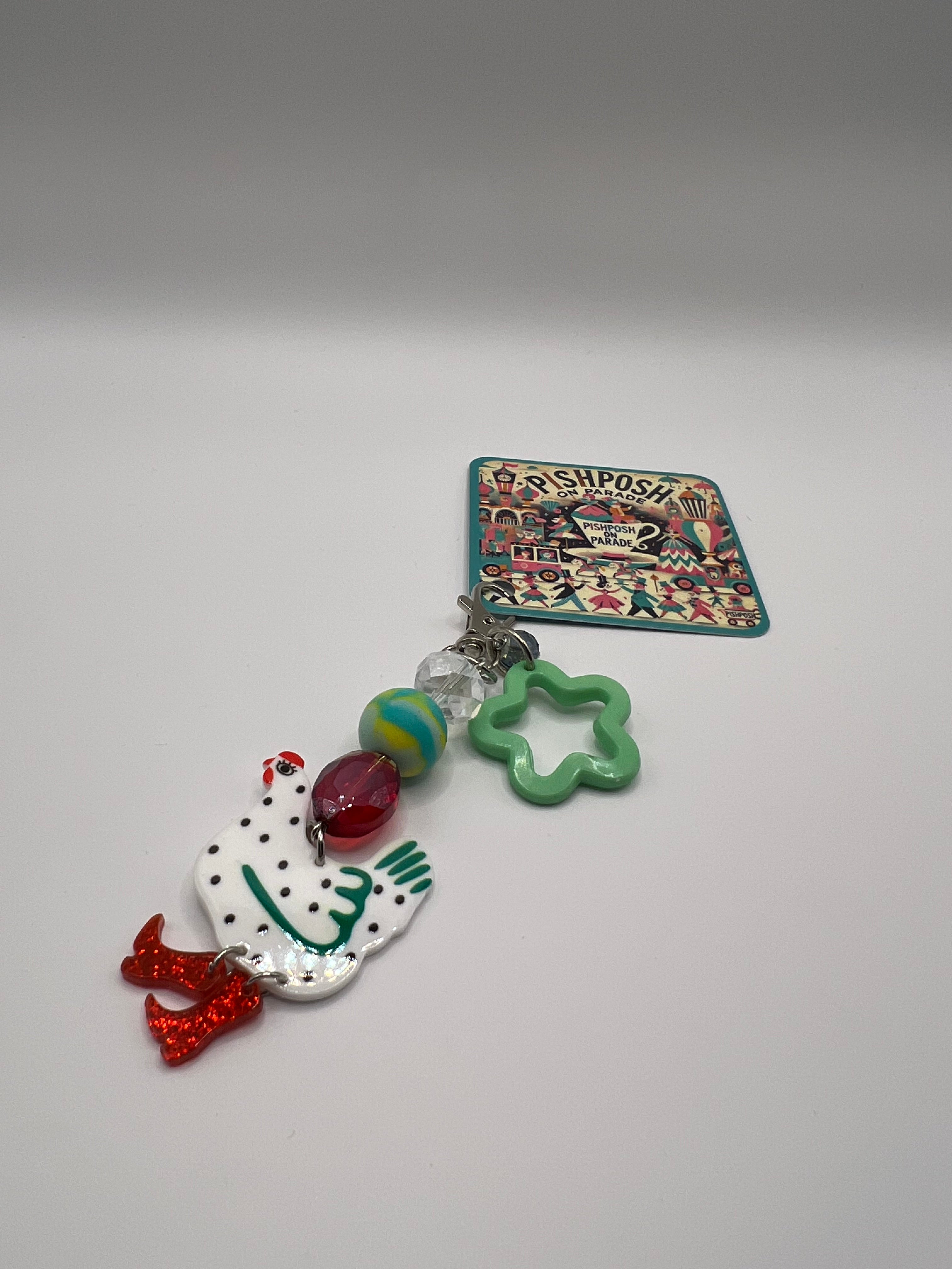 White and Green Chicken with Green Star - Zipper Pull/Bag Charm