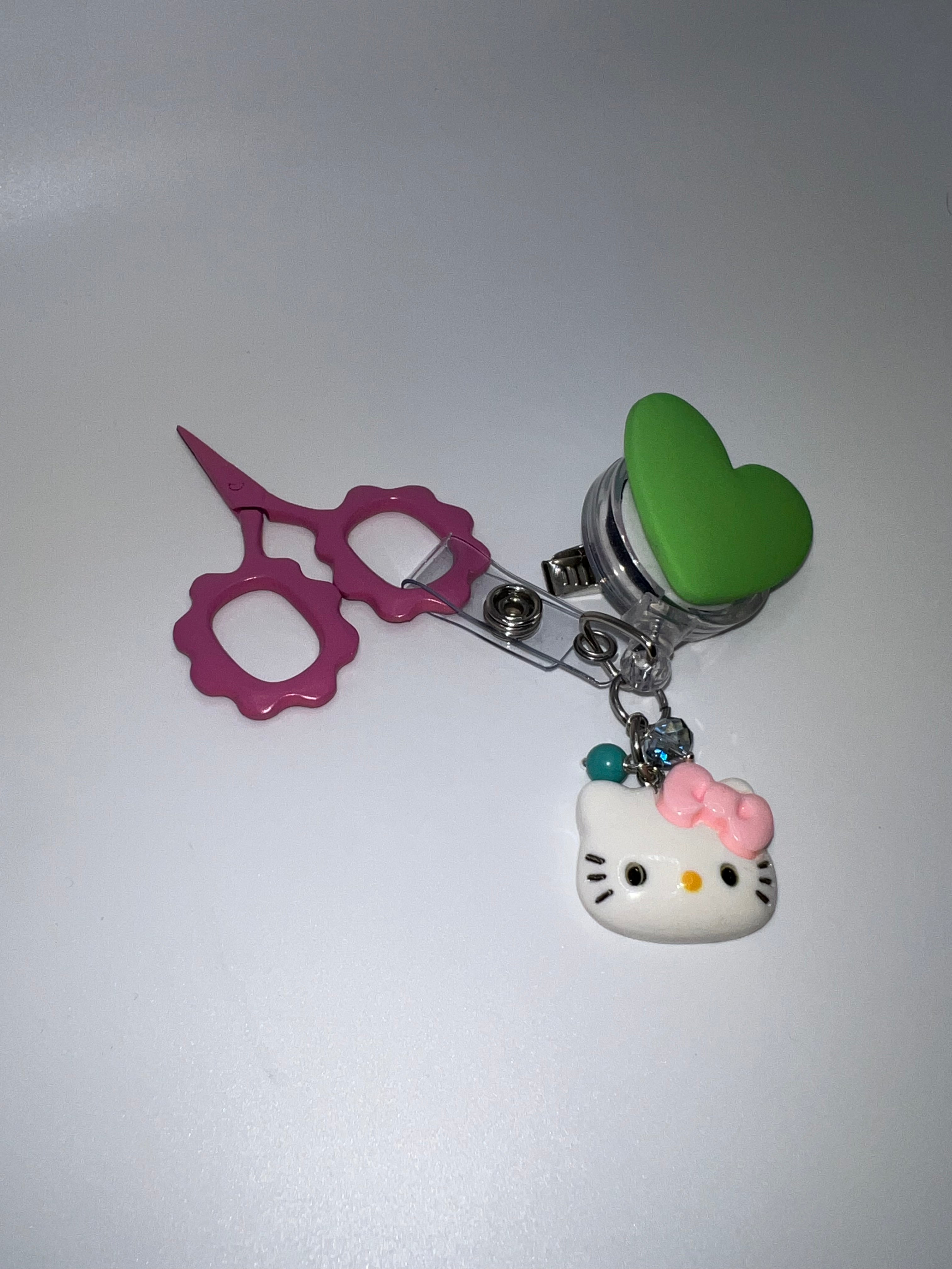 Green heart with kitty Badge Reel / scissor reel - scissors excluded