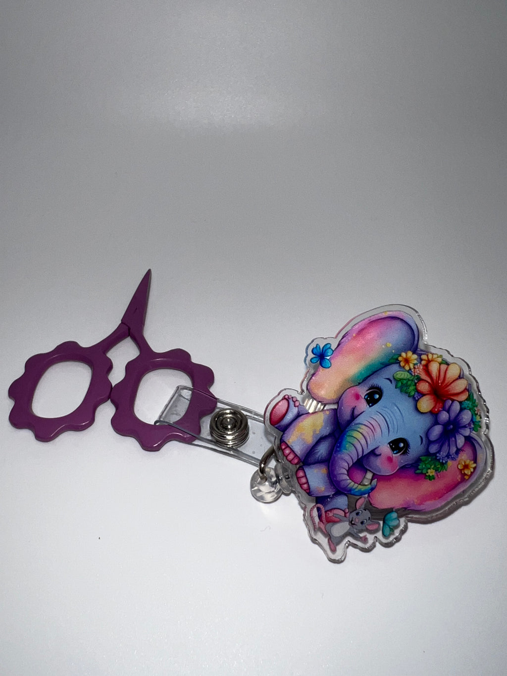 Purple female elephant - Badge / scissor reel - scissors not included