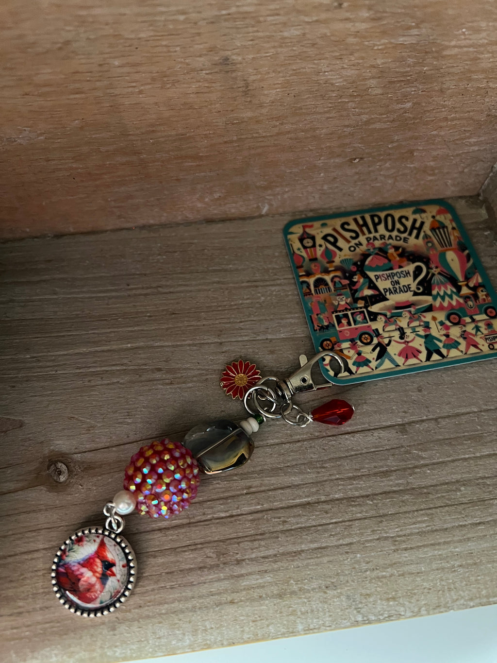 Cardinal with Red Bead and Flower - Zipper Pull/Bag Charm