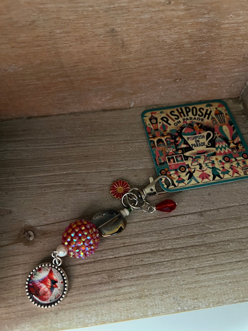Cardinal with Red Bead and Flower - Zipper Pull/Bag Charm