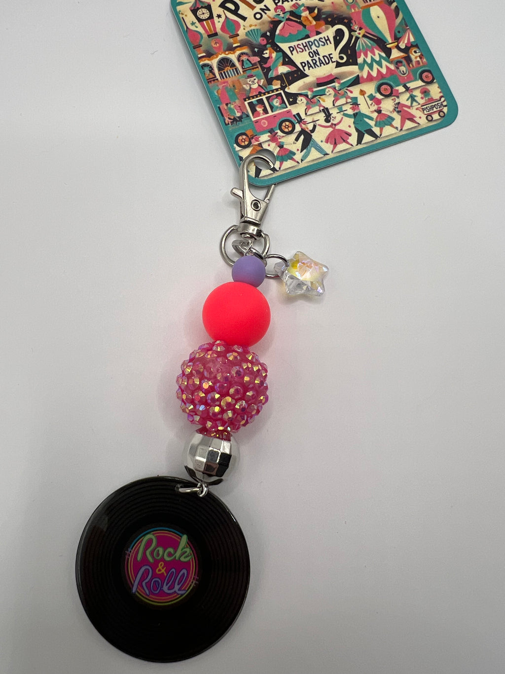 Rock and Roll Record with Pink beads - Zipper Pull/Scissor Charm