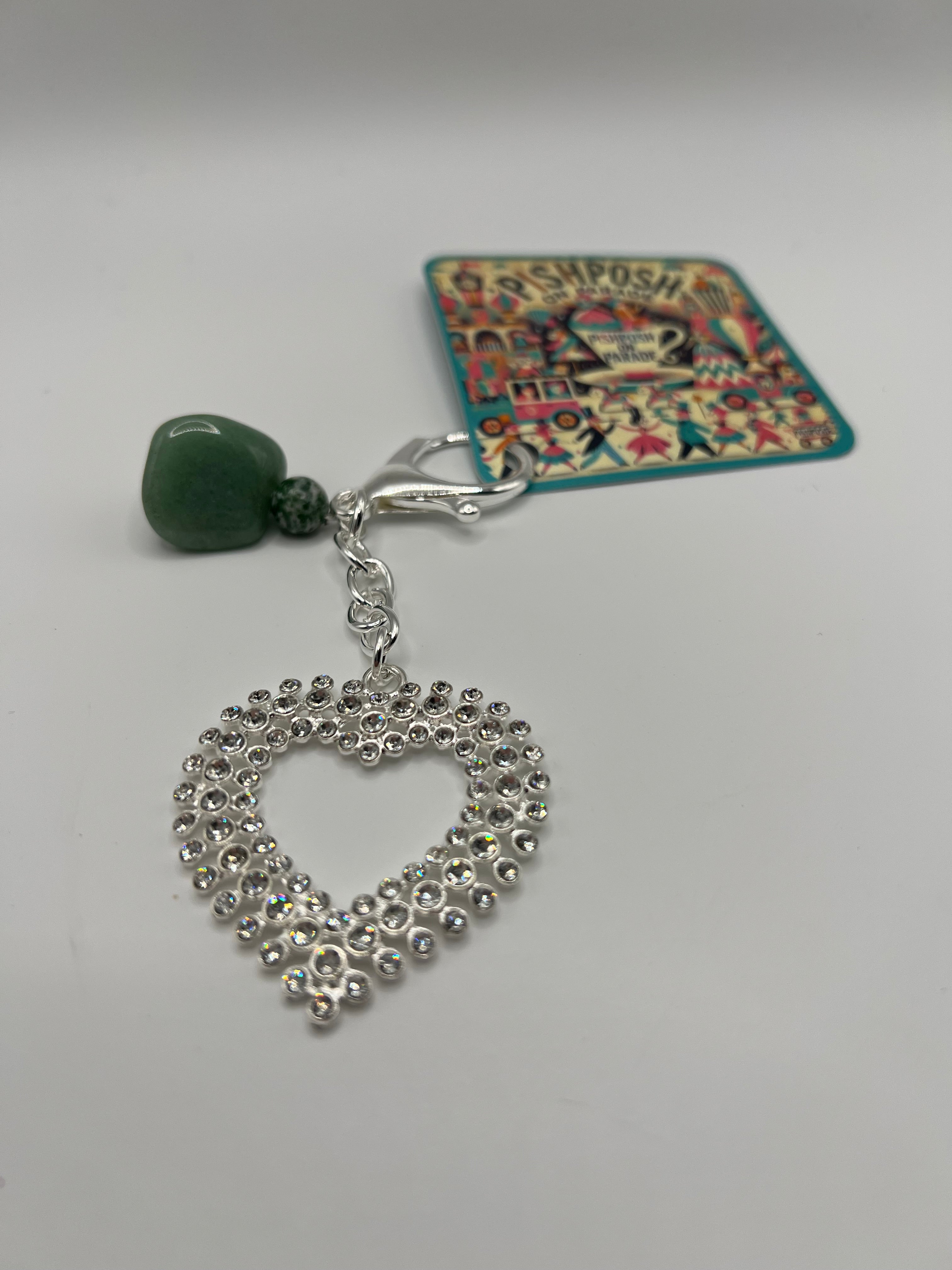 Clear Rhinestone Heart with Green Jade Bead - Zipper Pull/Scissor Charm