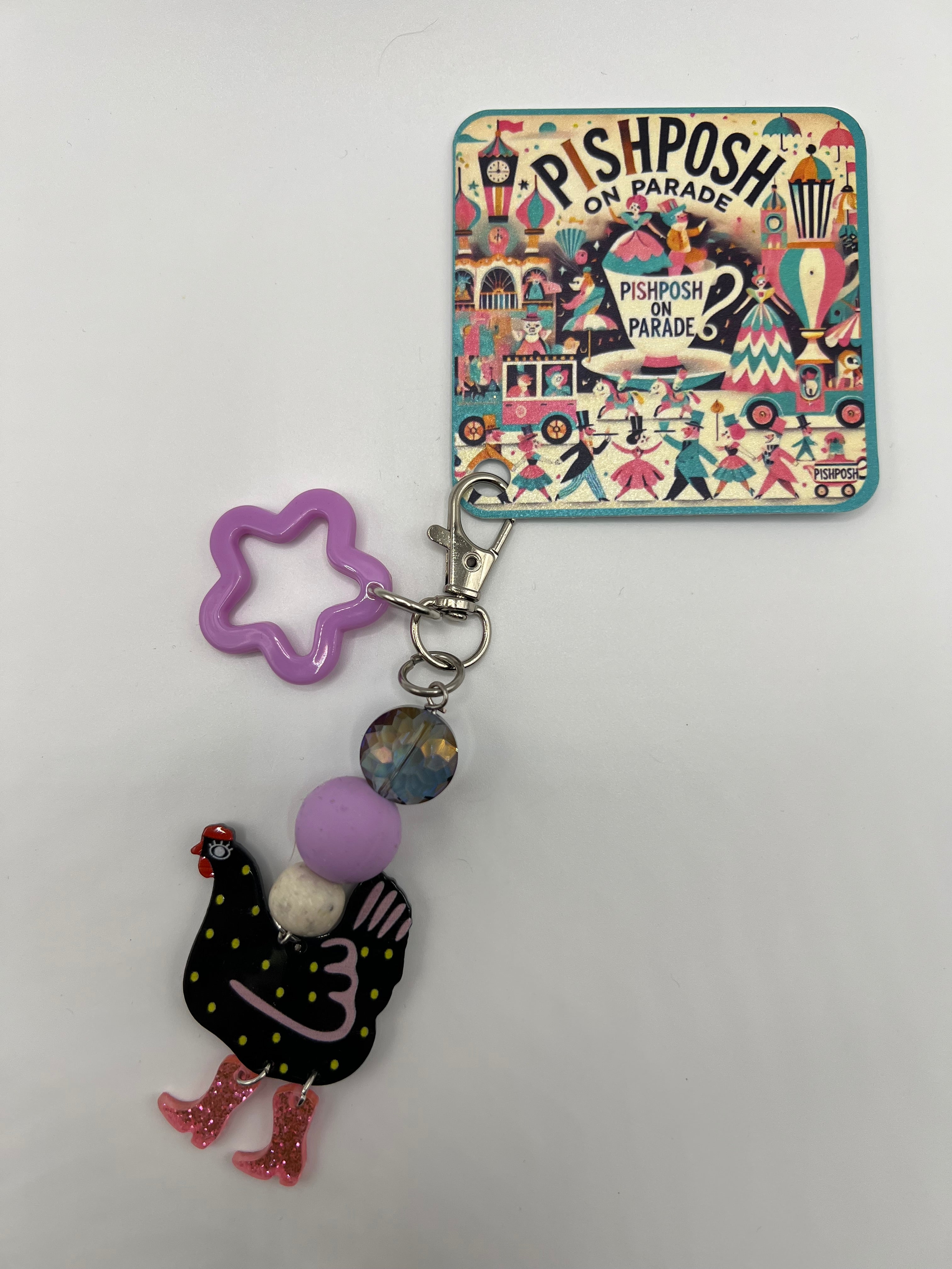 Black Chicken with pink boots and lavender star charm - Zipper Bag Charm