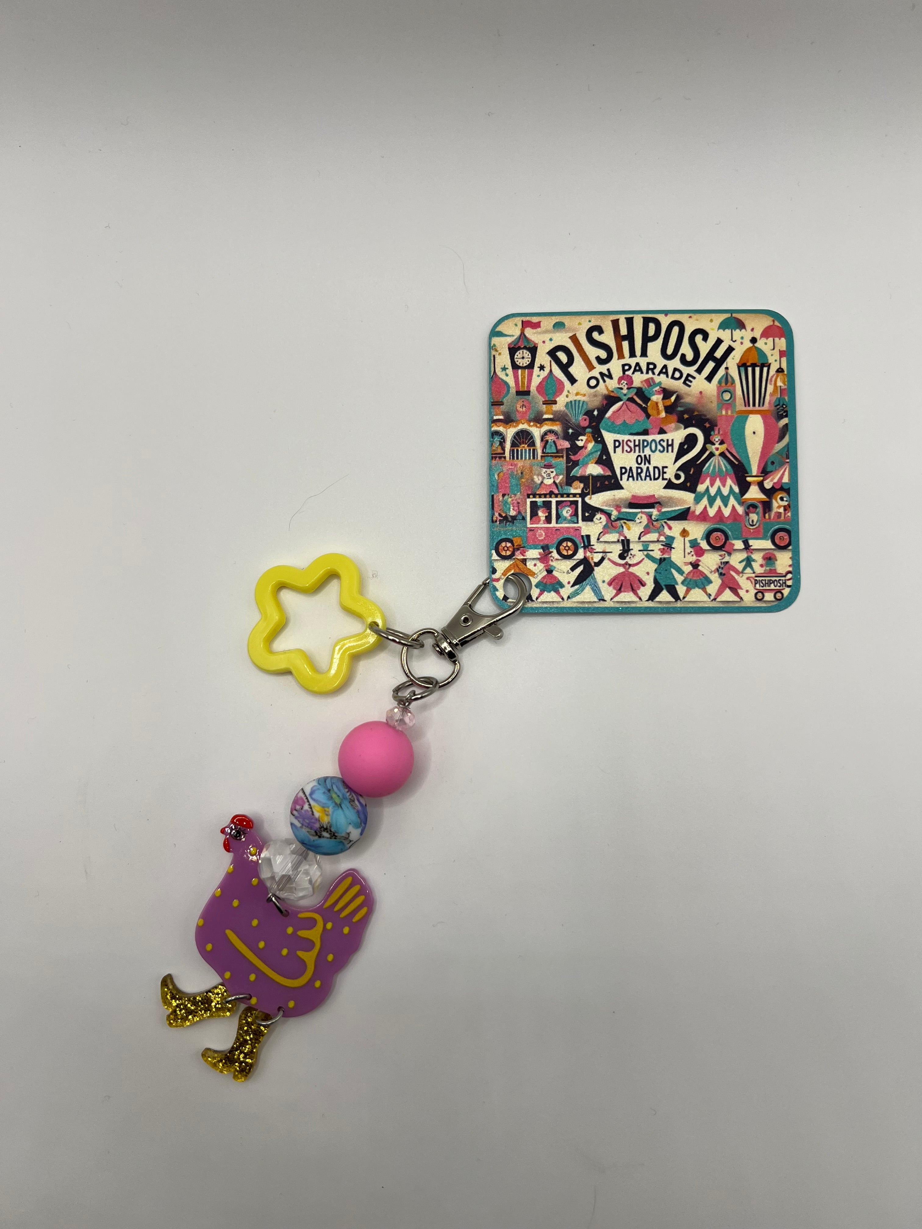 Purple chicken with gold cowboy boots and yellow star -Zipper Pull/Scissor Charm