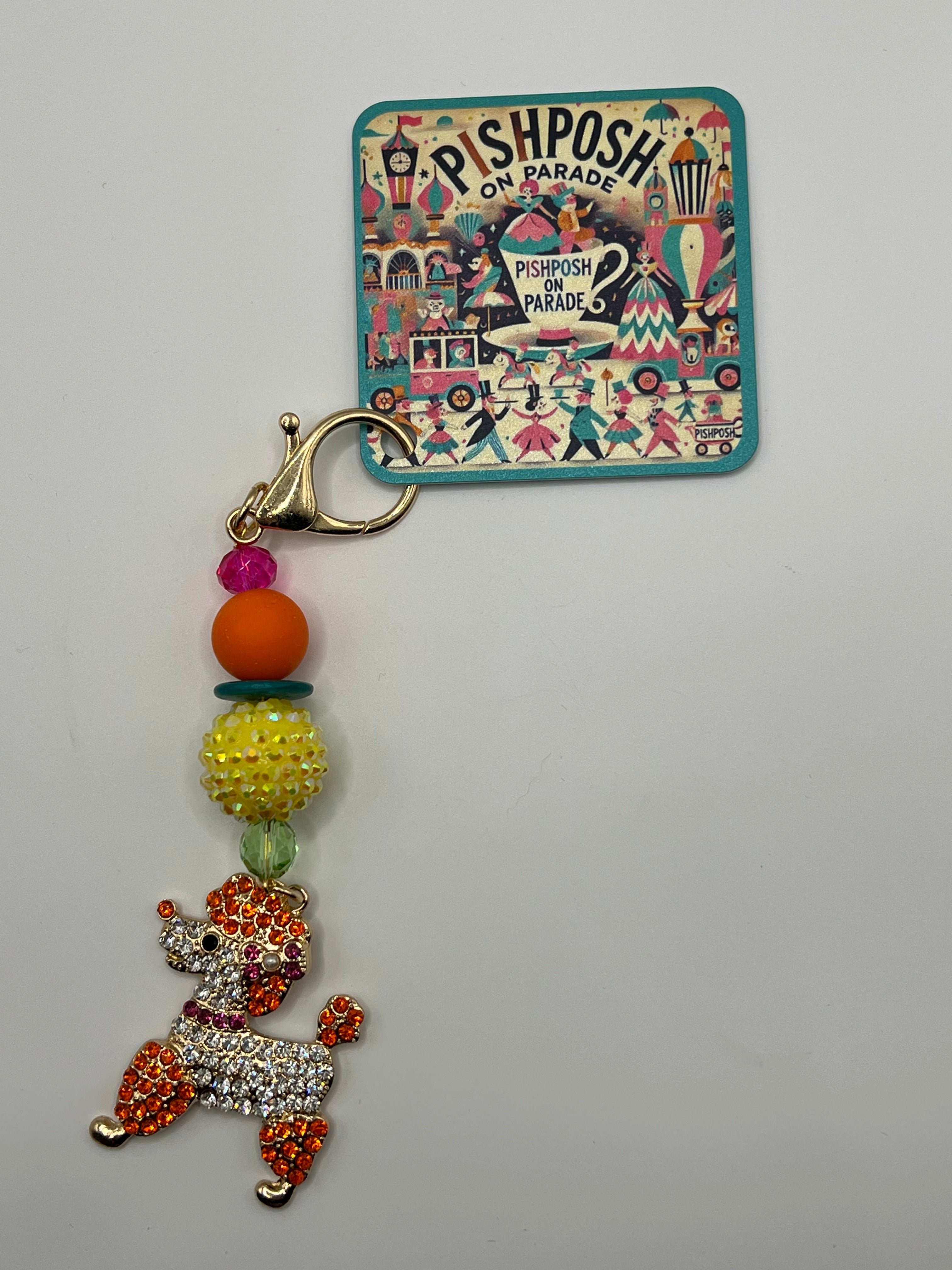 Orange/Clear Rhinestone Party Poodle with Colorful Beads - Zipper Pull/Scissor Charm