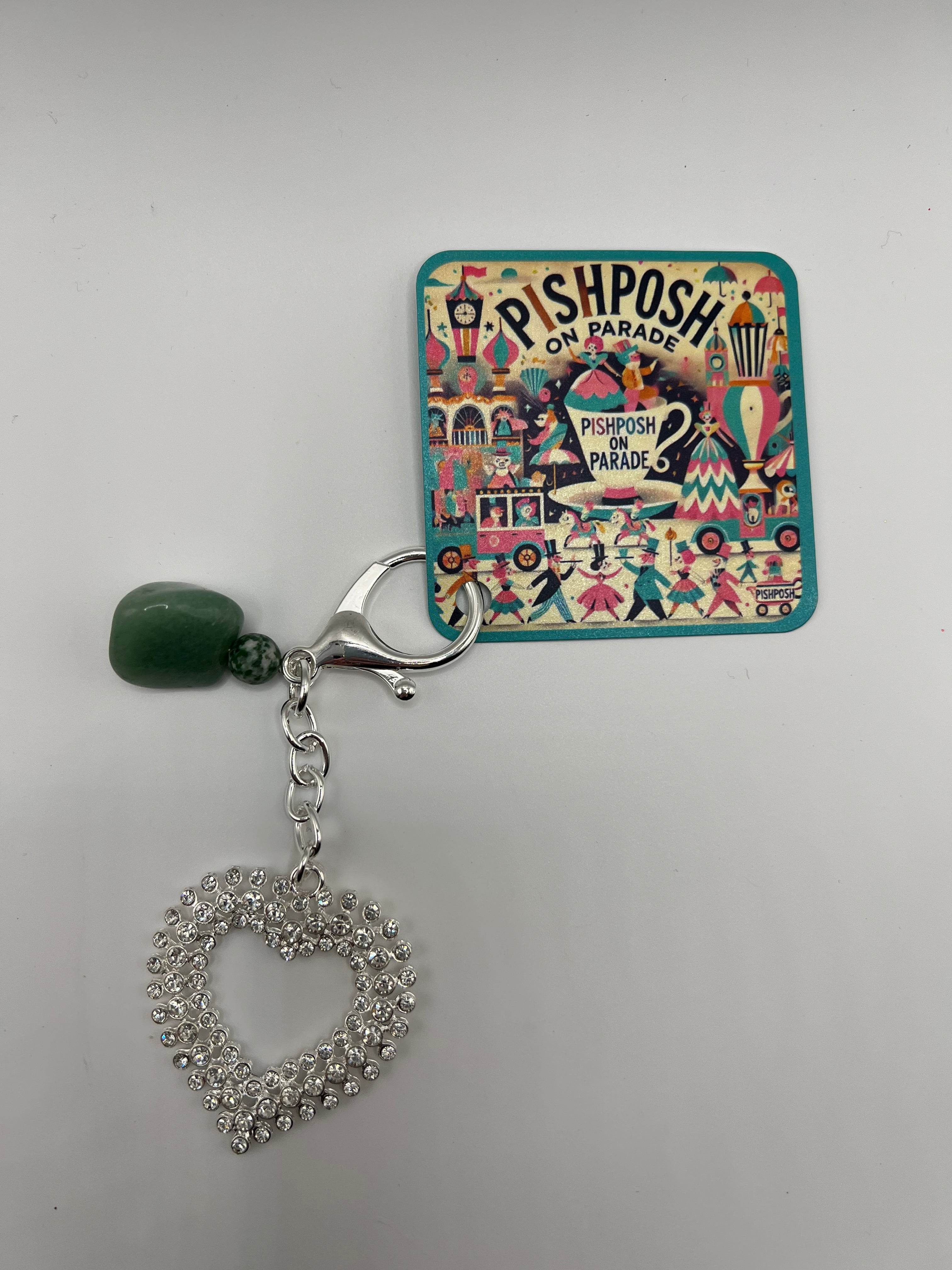 Clear Rhinestone Heart with Green Jade Bead - Zipper Pull/Scissor Charm