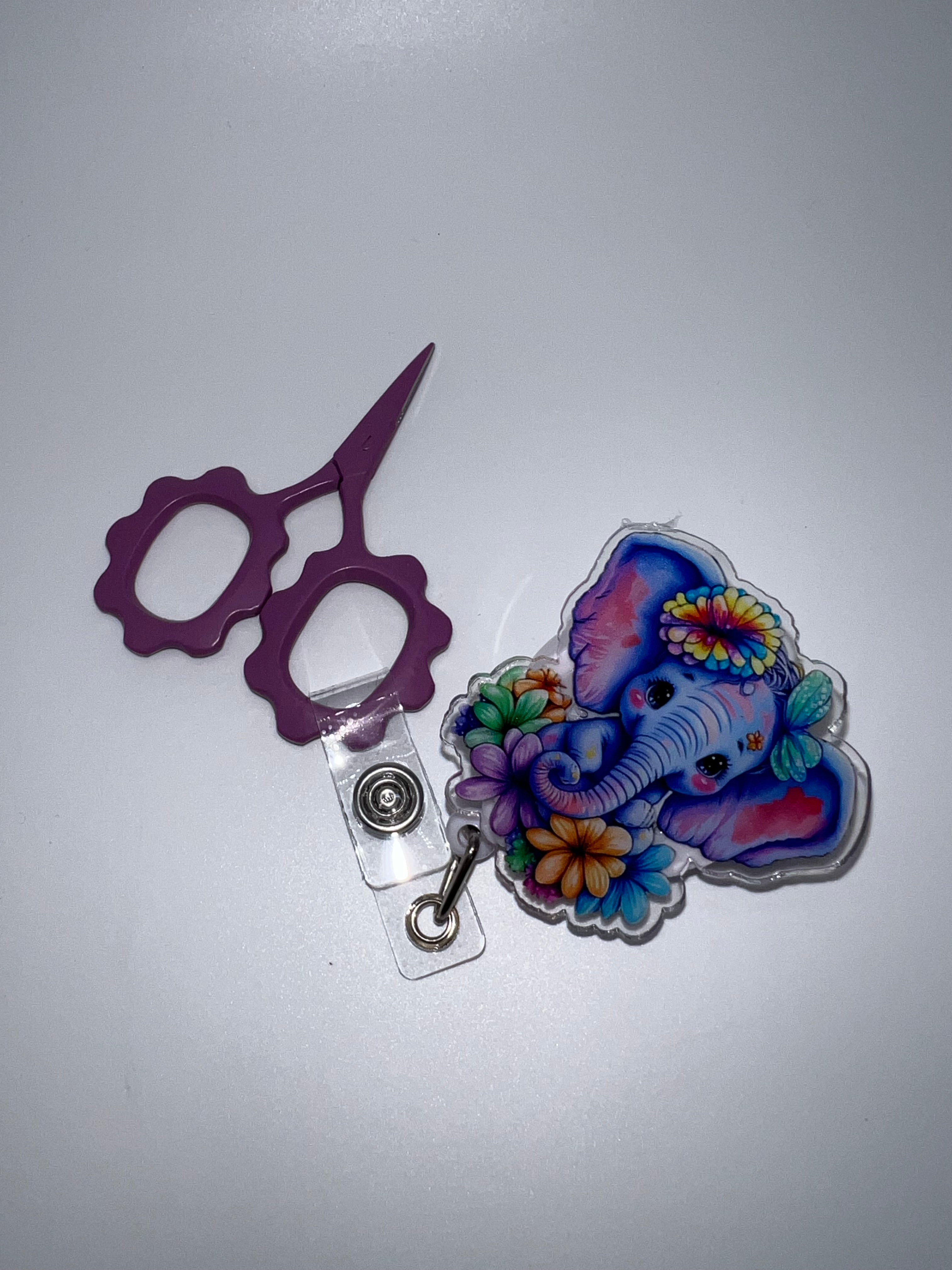 Purple elephant male - with flowers - badge / scissor reel - scissors excluded