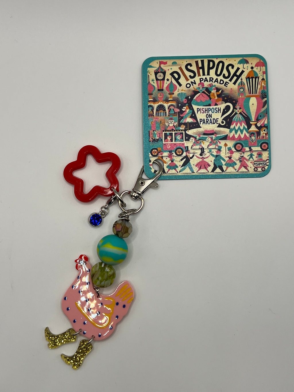 Pink Chicken with Red Star - Zipper Pull/Bag Charm