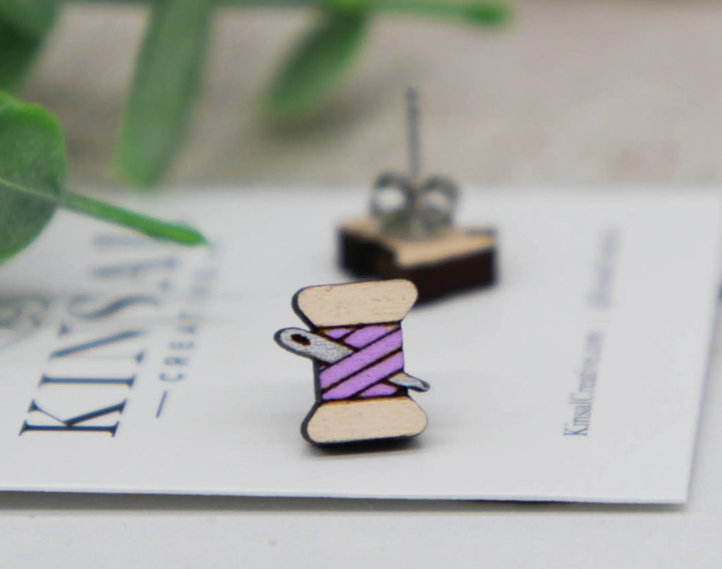 Sewing Thread Wood Stud Earrings (various colors)