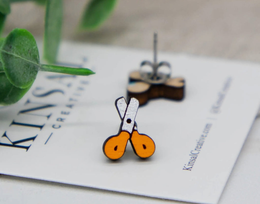 Scissors Wood Stud Earrings