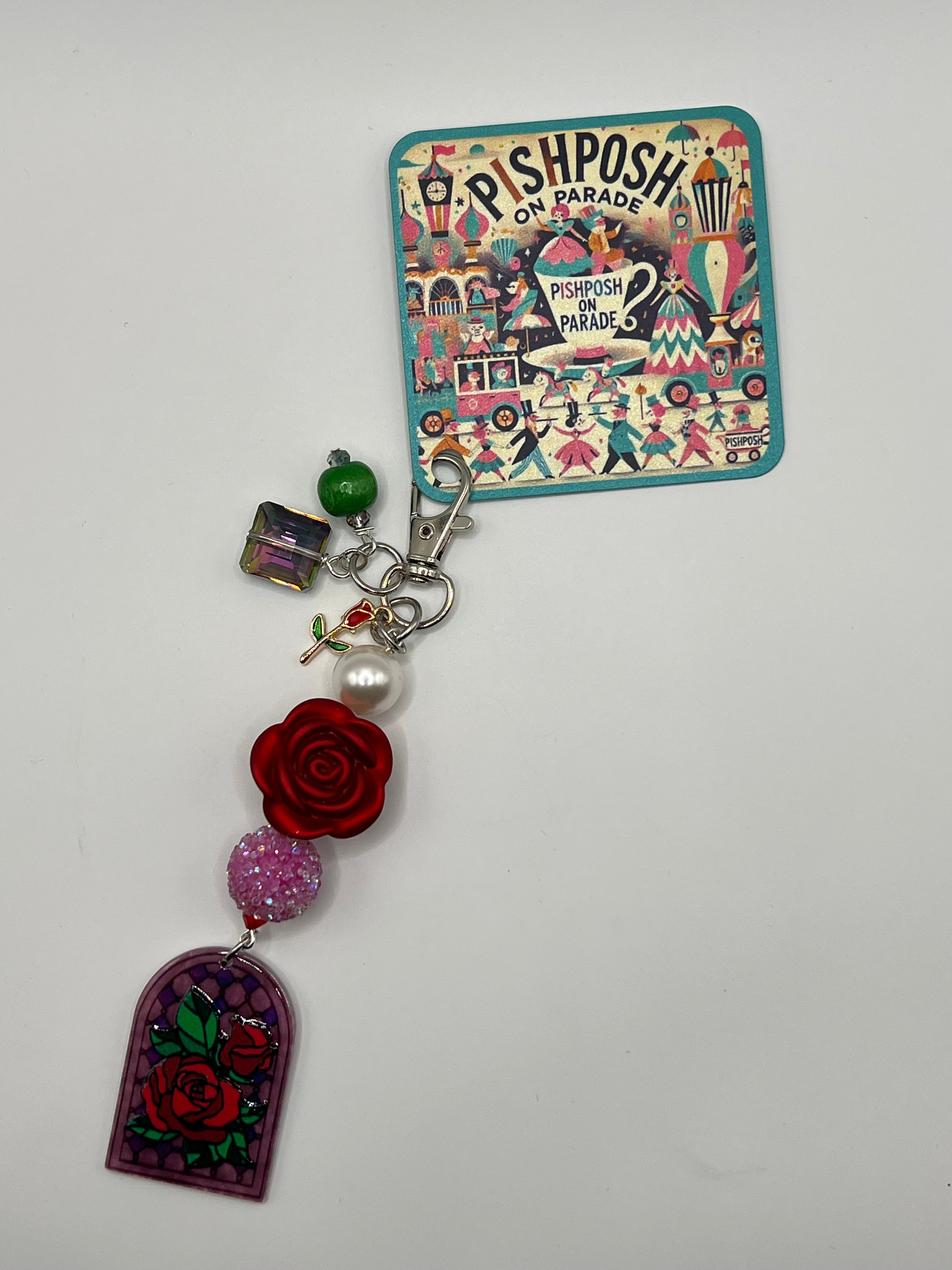 Red Rose with Rose bead - Zipper Bag Charm