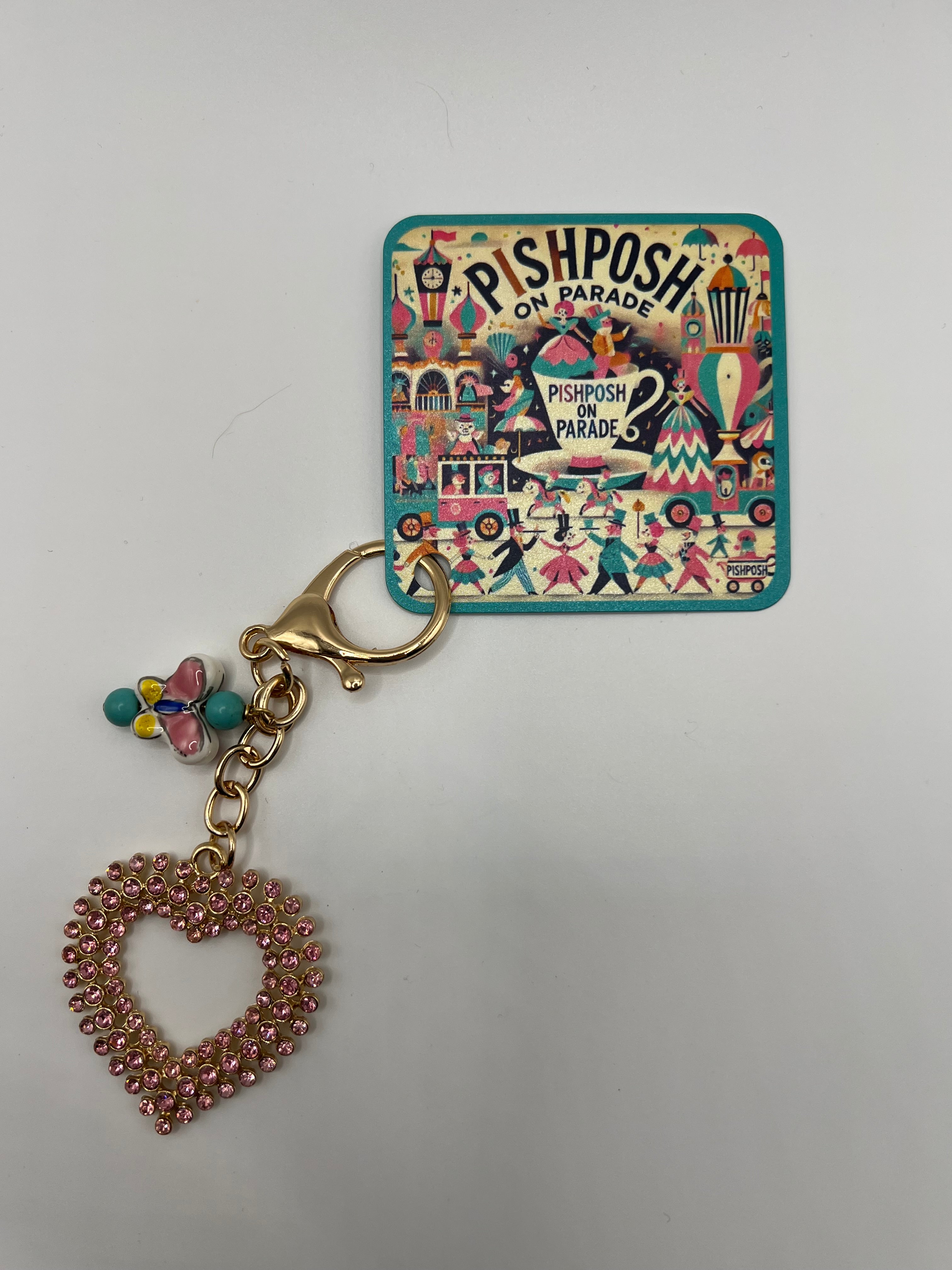 Pink Rhinestone Heart with Butterfly Bead - Zipper Pull/Scissor Charm