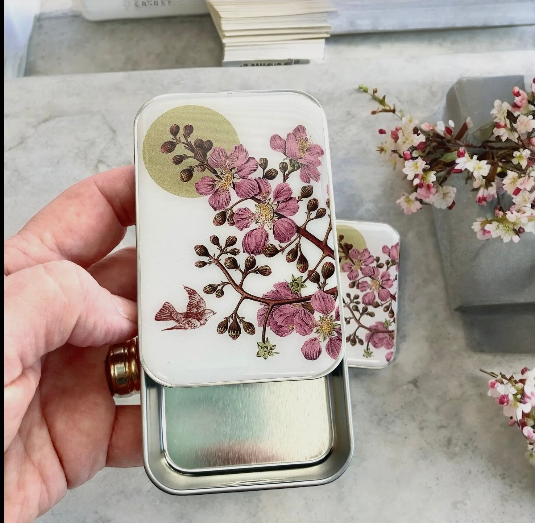 Cherry Blossom & Swallow Notions Tin