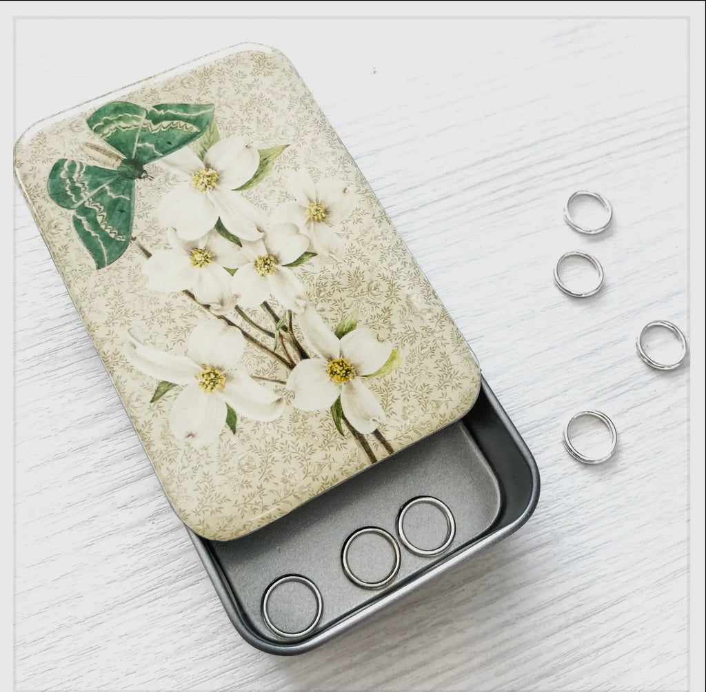 Vintage-Inspired Green Moth & Dogwood Notions Tin