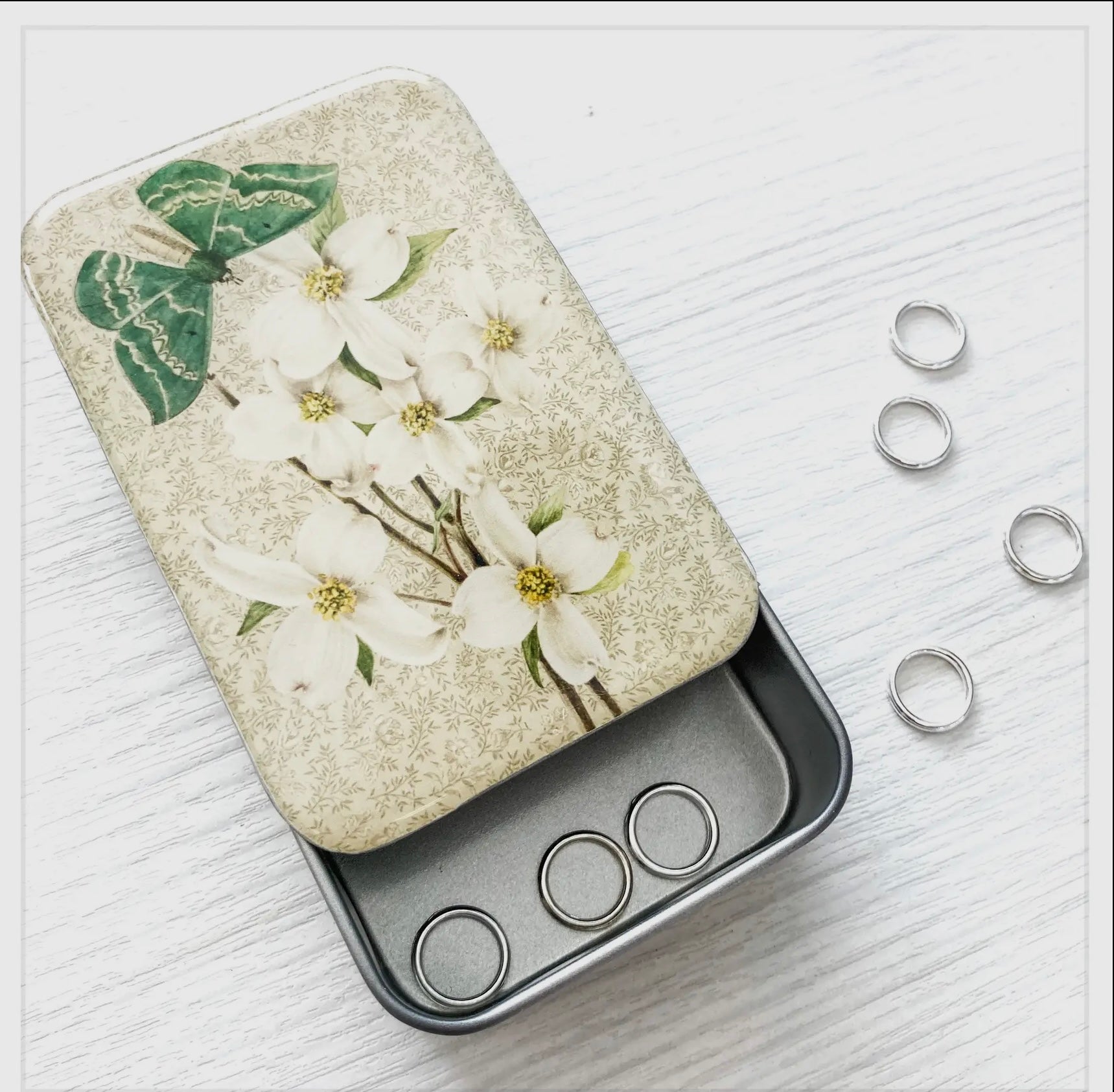 Vintage-Inspired Green Moth & Dogwood Notions Tin